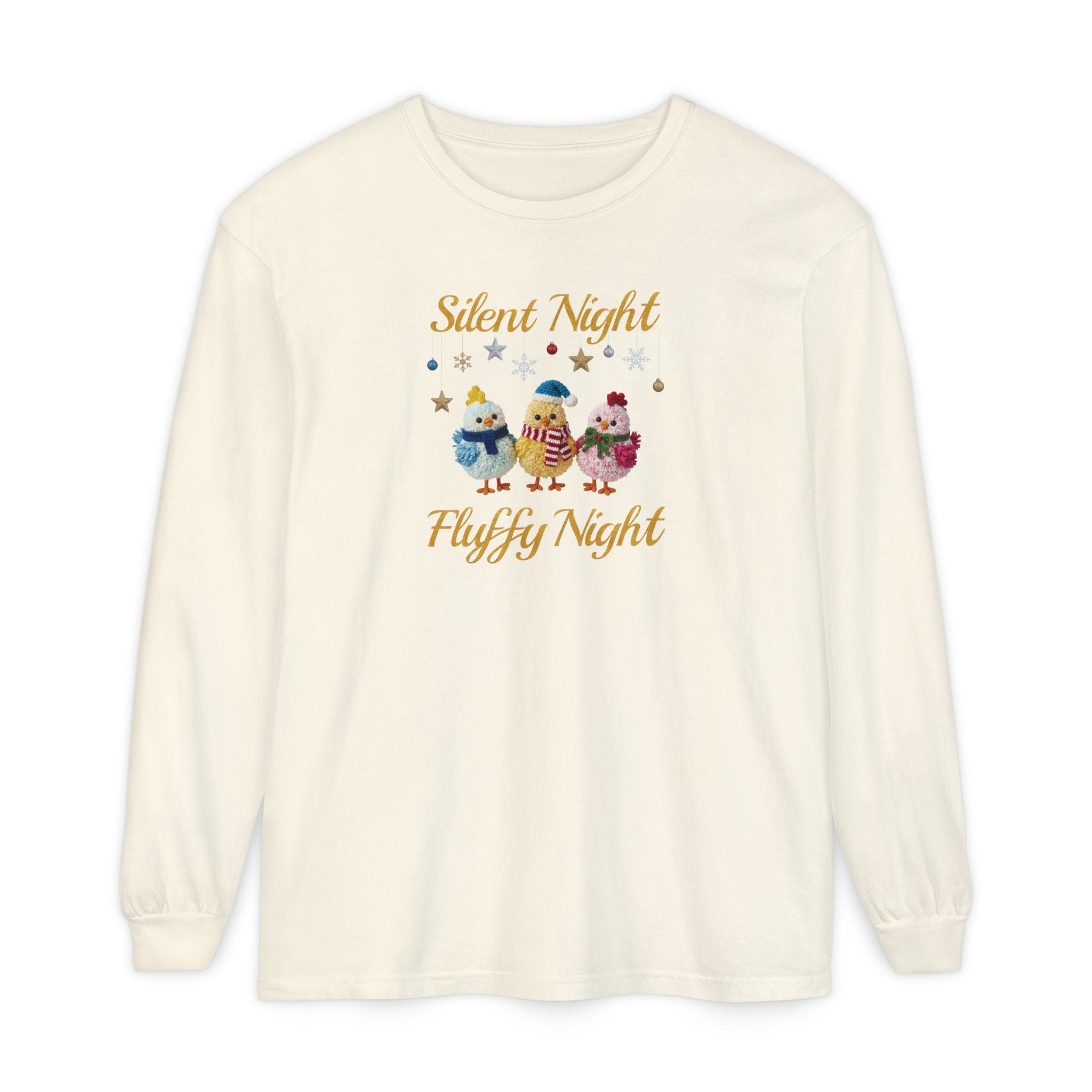 Silent Night Fluffy Night Long Sleeve T-Shirt | Cute Chick Christmas Comfort Colors Tee | Funny Holiday Shirt | Cozy Winter Top