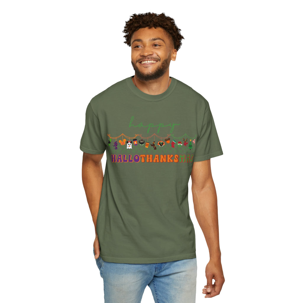 Happy Hallothanksmas Comfort Colors Shirt, Theme Park Style, Halloween Thanksgiving Christmas Tee