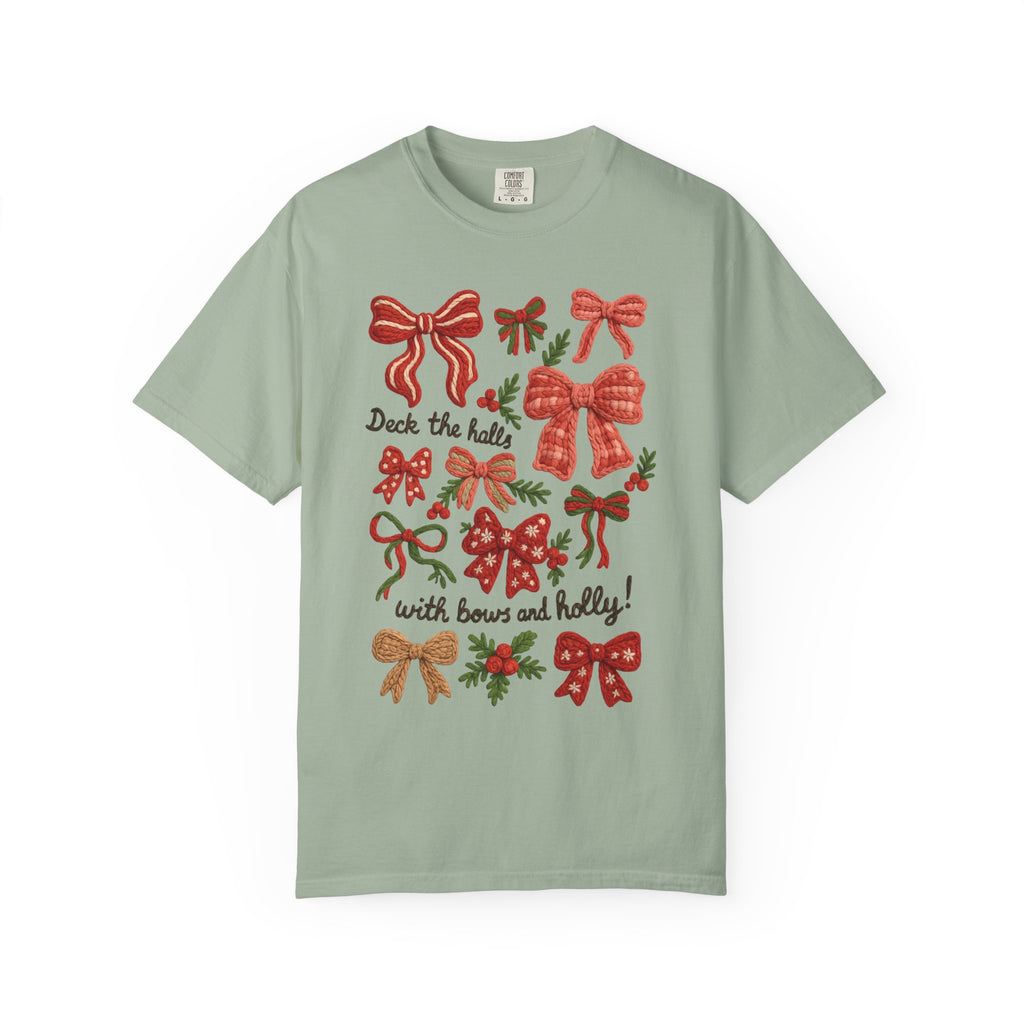 Christmas Bow "Deck the Halls with Bows and Holly" Comfort Colors T-Shirt, Faux Embroidery,  Holiday t-shirt