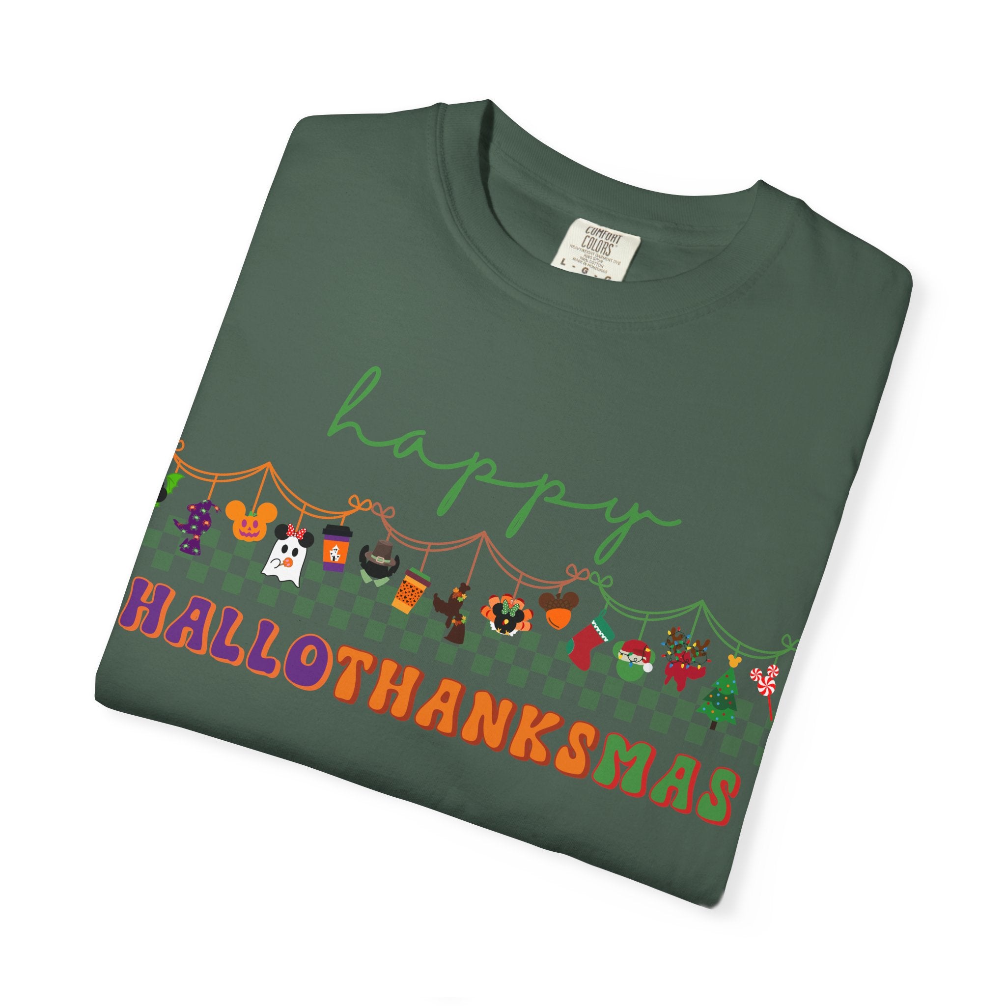 Happy Hallothanksmas Comfort Colors Shirt, Theme Park Style, Halloween Thanksgiving Christmas Tee