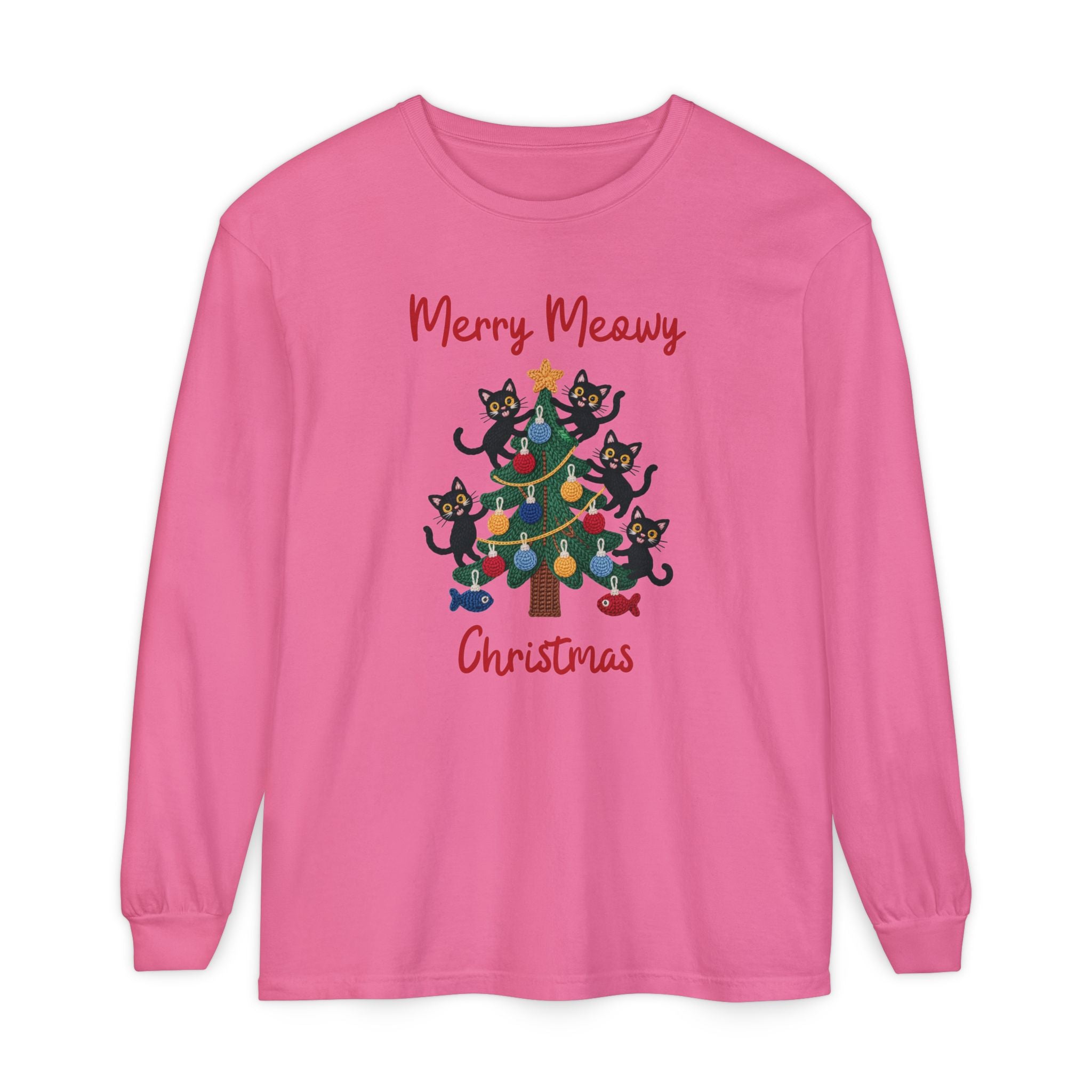 Merry Meowy Christmas Long Sleeve Tee, Cute Cat Christmas Tree Holiday Shirt, Comfort Colors