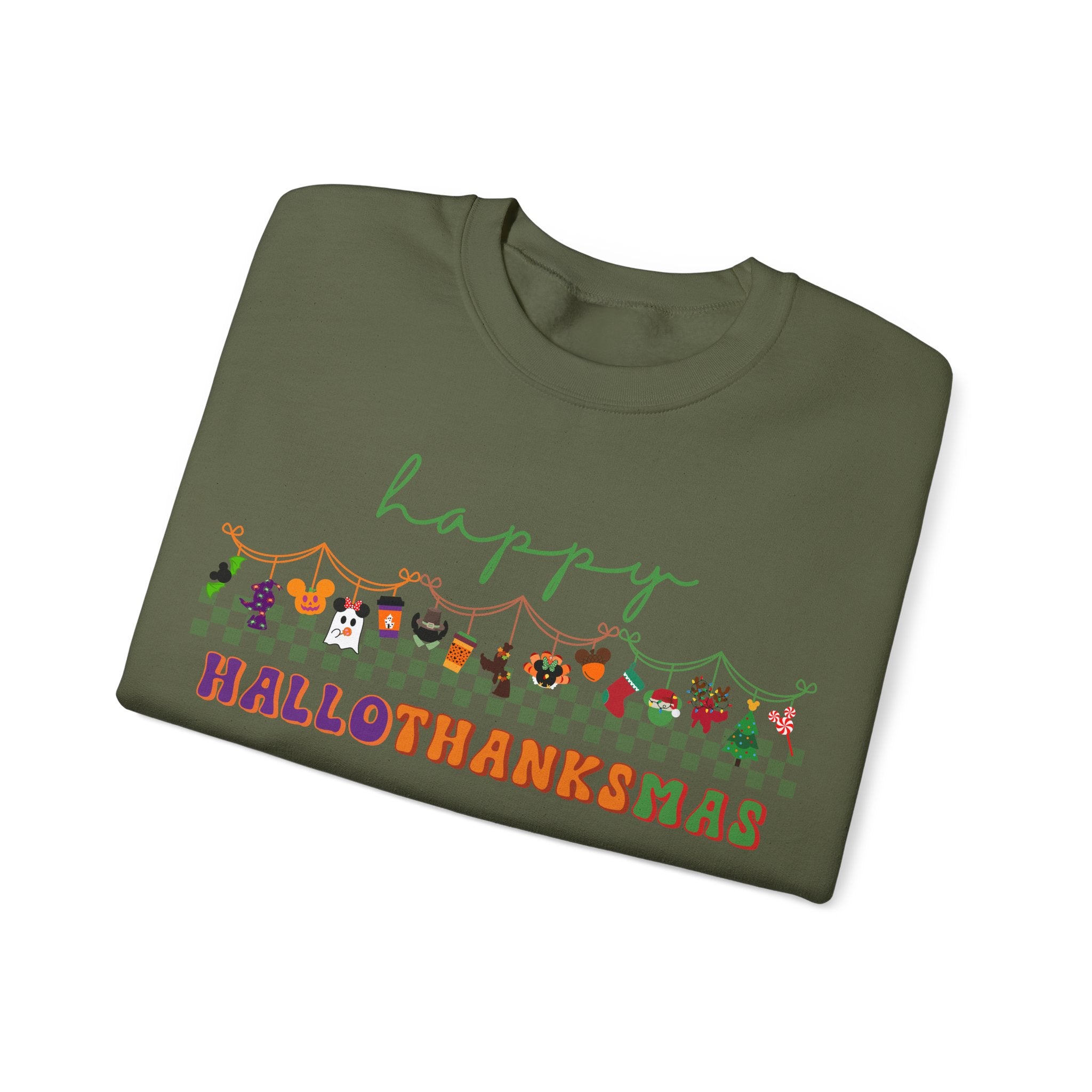 Happy Hallothanksmas Gildan Sweatshirt, Theme Park Style Crewneck, Halloween Thanksgiving and Christmas