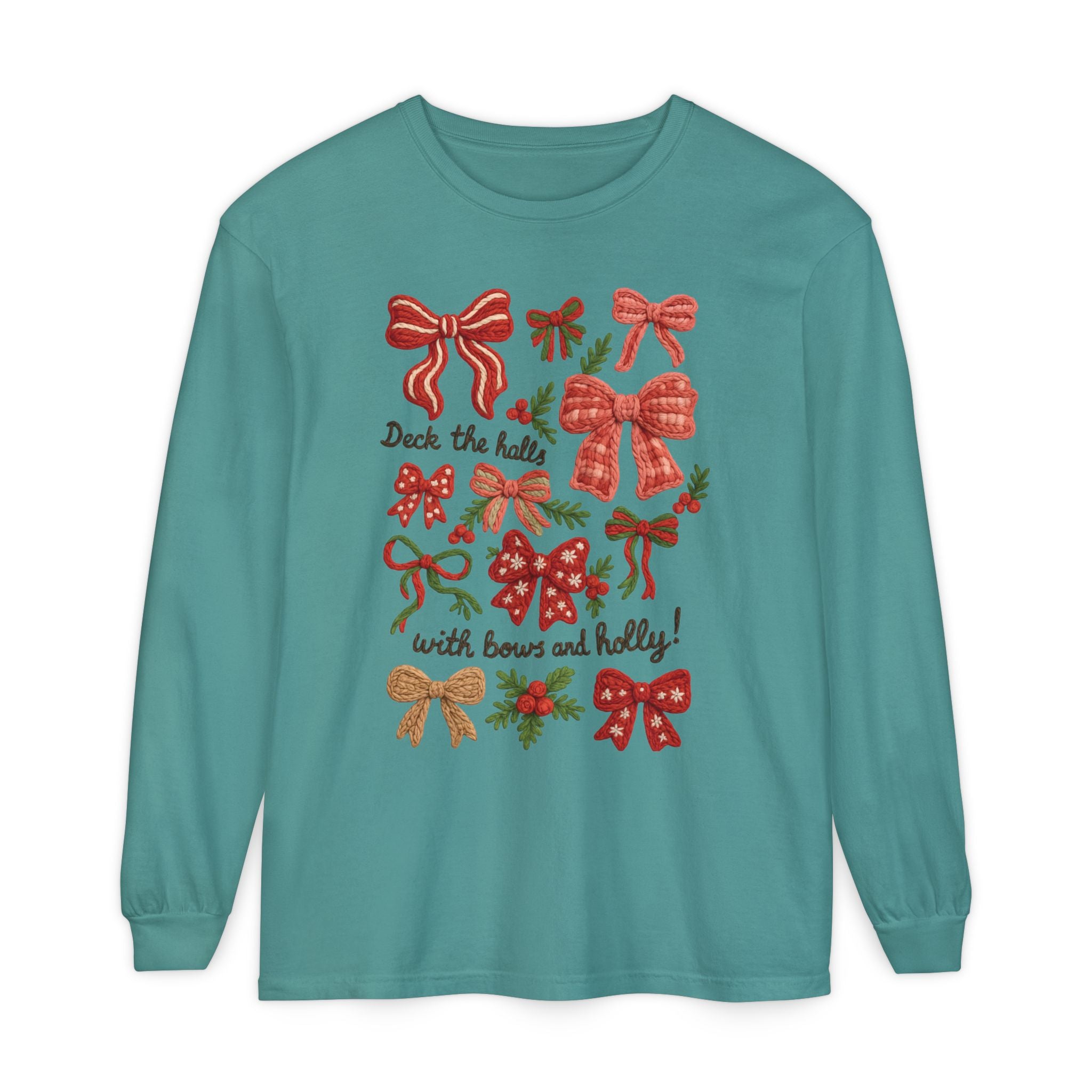 Christmas Bow "Deck the Halls with Bows and Holly" Comfort Colors Long Sleeve Shirt, Faux Embroidery,  Holiday t-shirt