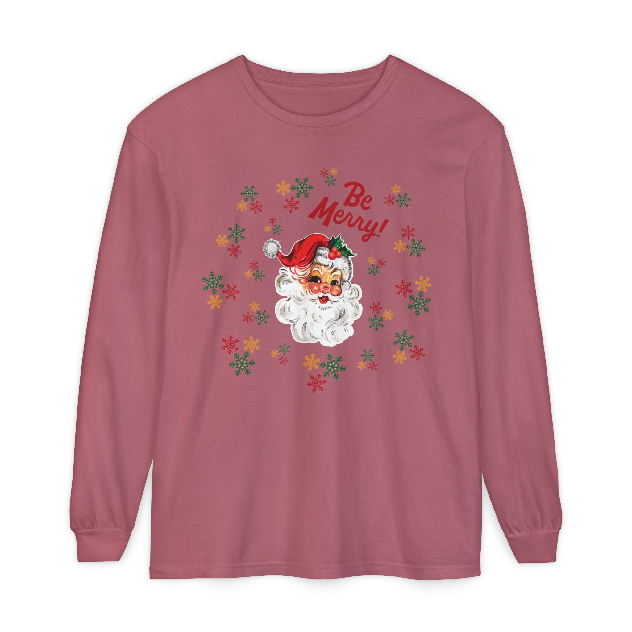 Santa 'Be Merry' Christmas Long Sleeve T-Shirt, Comfort Colors Vintage Santa Holiday Tee