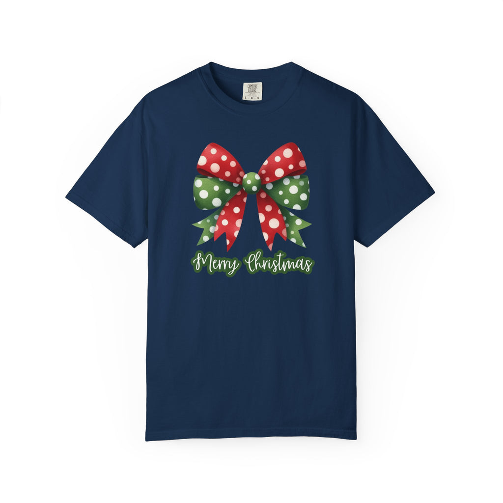 Merry Christmas Bow Comfort Colors T-Shirt, Cute Women's Holiday Tee