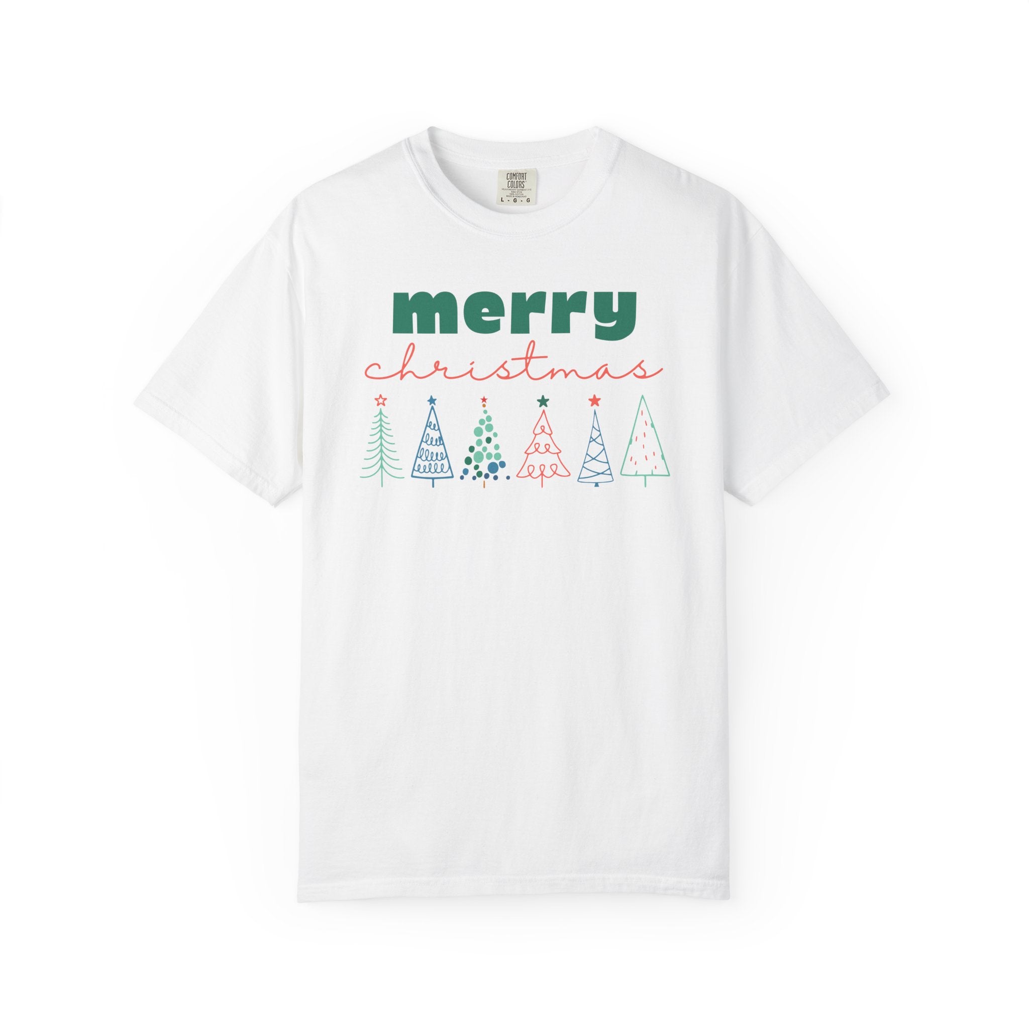 Merry Christmas Line-drawn Christmas Trees T-shirt, Comfort Colors Holiday Tee