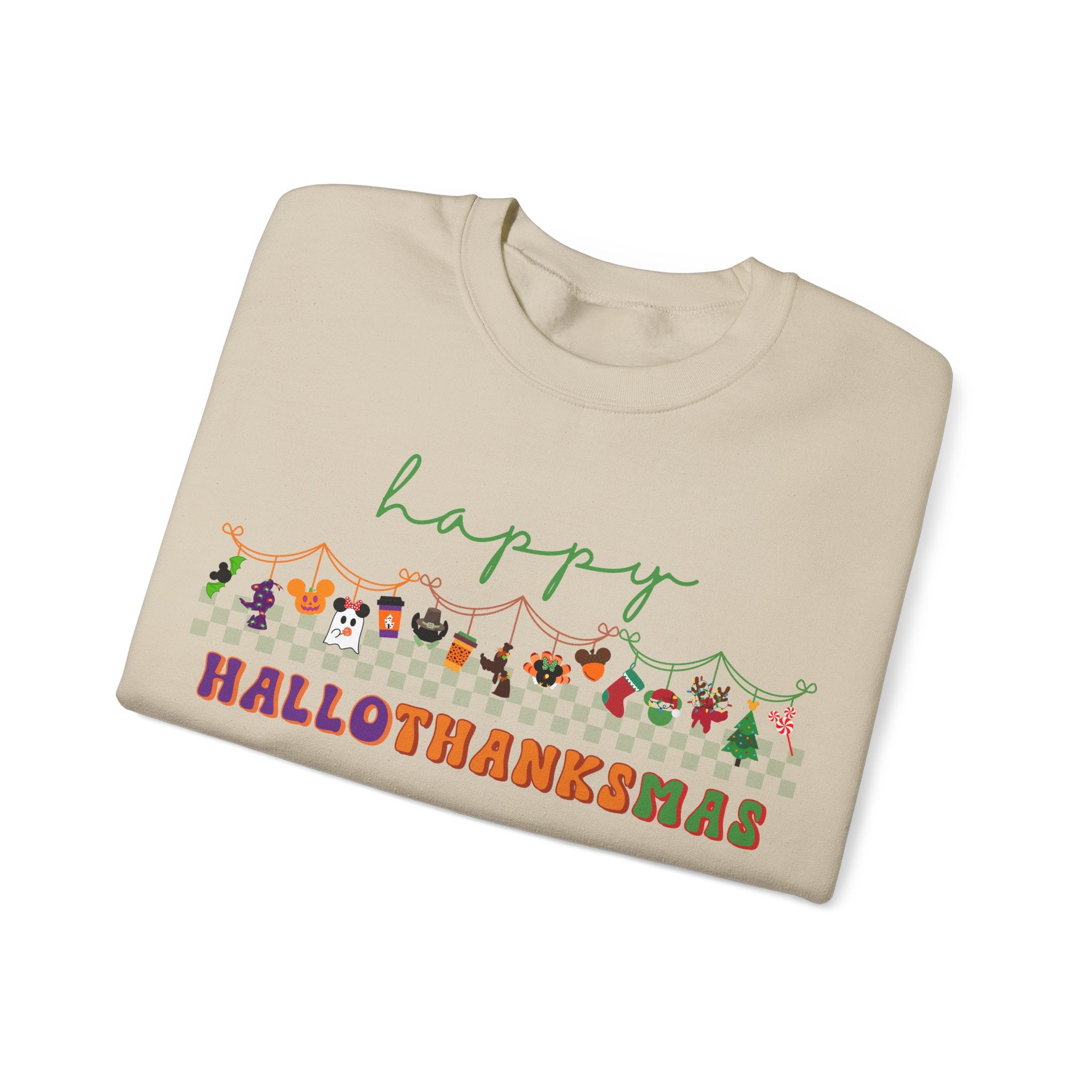Happy Hallothanksmas Gildan Sweatshirt, Theme Park Style Crewneck, Halloween Thanksgiving and Christmas