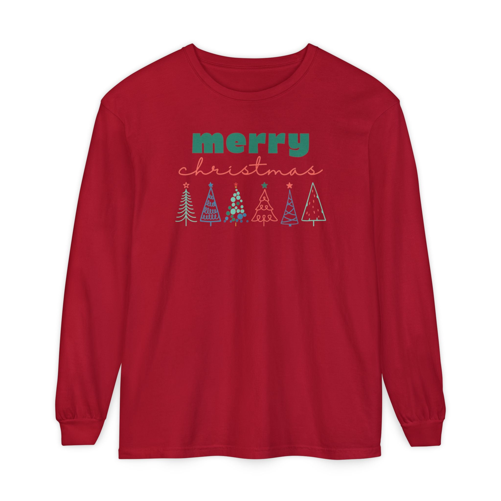 Merry Christmas Line-drawn Christmas Trees Long Sleeve T-shirt, Comfort Colors Holiday Tee