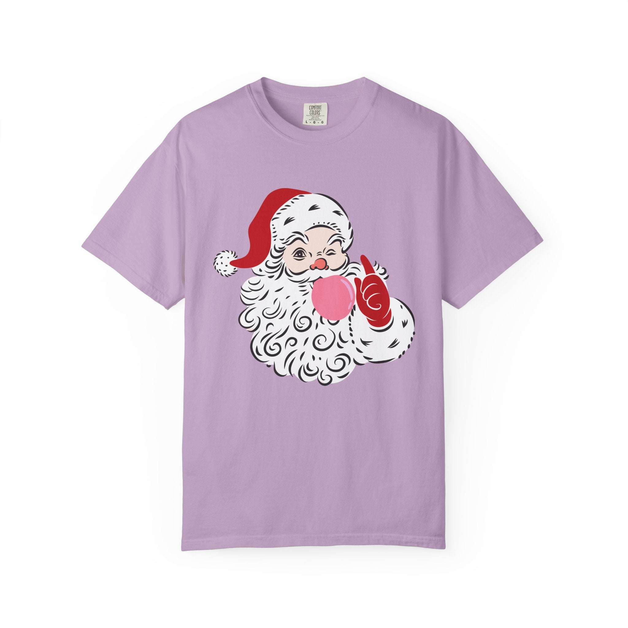Red Winking Santa Blowing Bubble Comfort Color T-Shirt. Merry Christmas Tee, Woman's Holiday Shirt