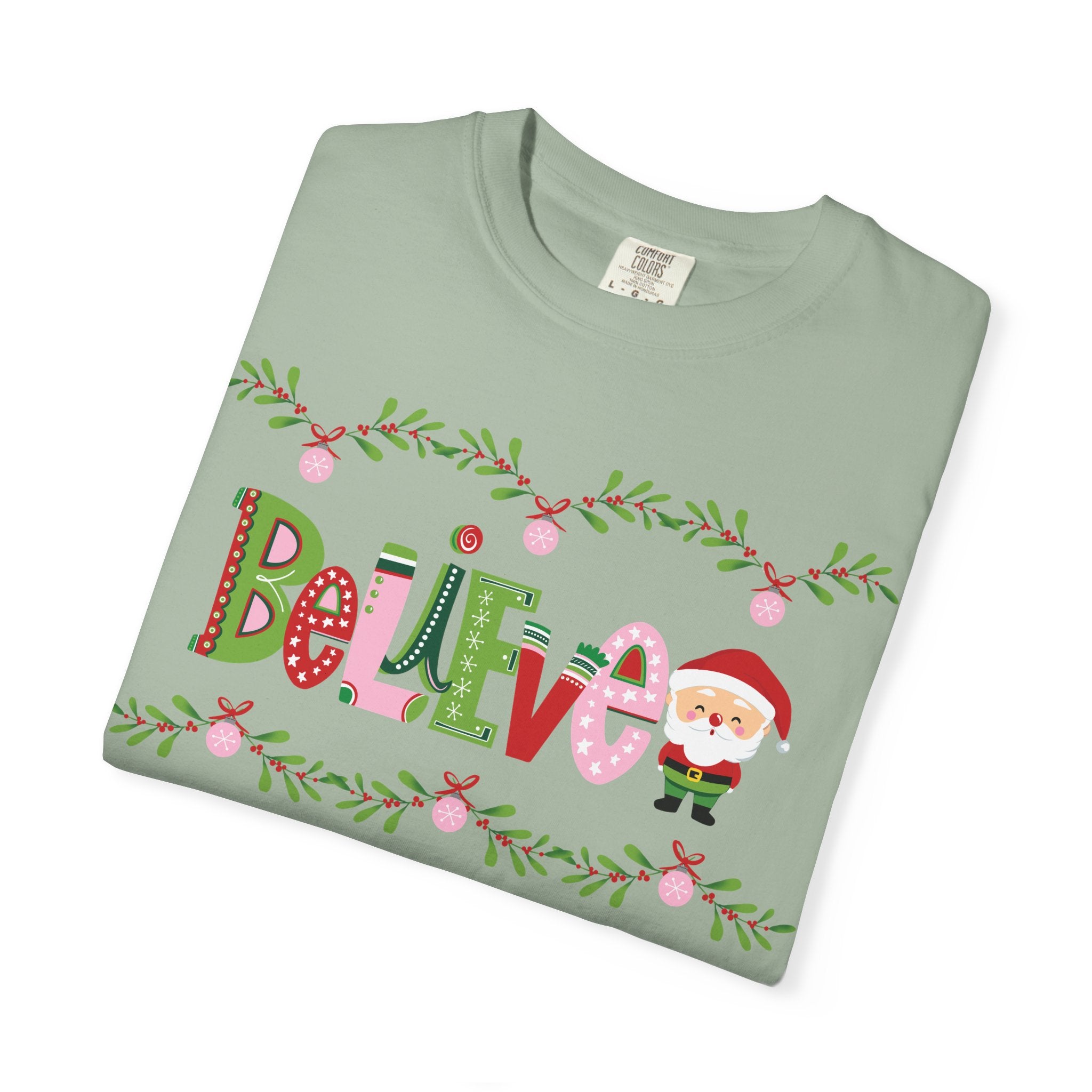 Believe Santa Comfort Colors T-shirt, Pink Green Red Christmas Tee, Holiday Shirt