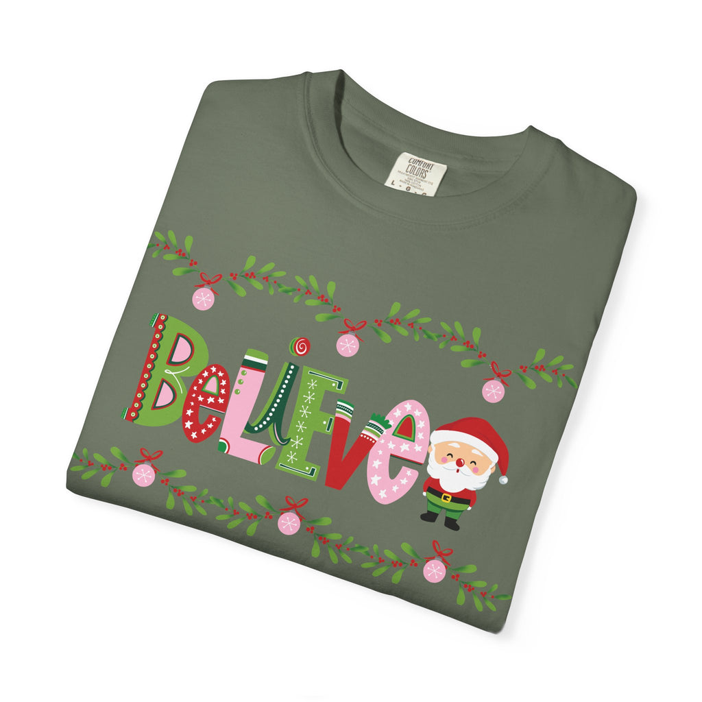 Believe Santa Comfort Colors T-shirt, Pink Green Red Christmas Tee, Holiday Shirt