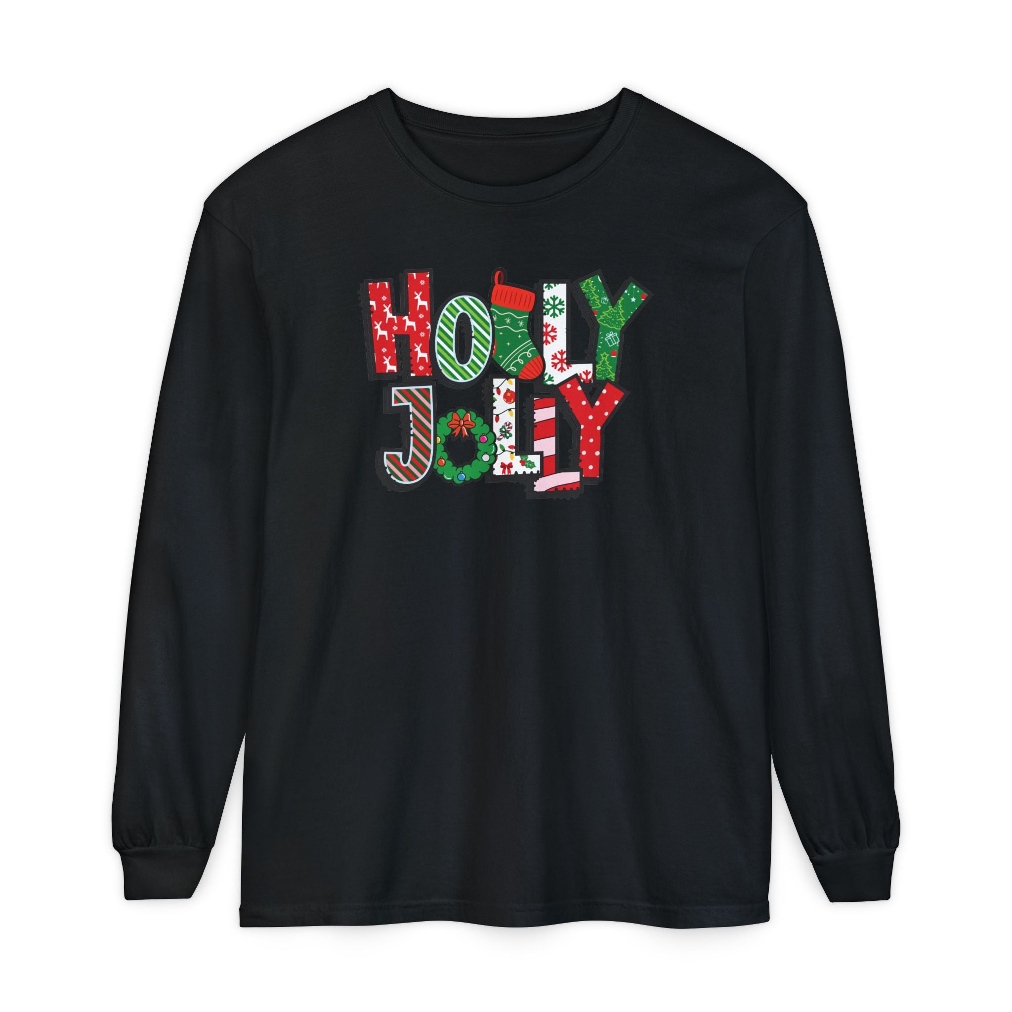 Holly Jolly Comfort Colors Adult Long Sleeve T-Shirt, Festive Christmas Tees, Matching Family Pajamas, Holiday Shirt