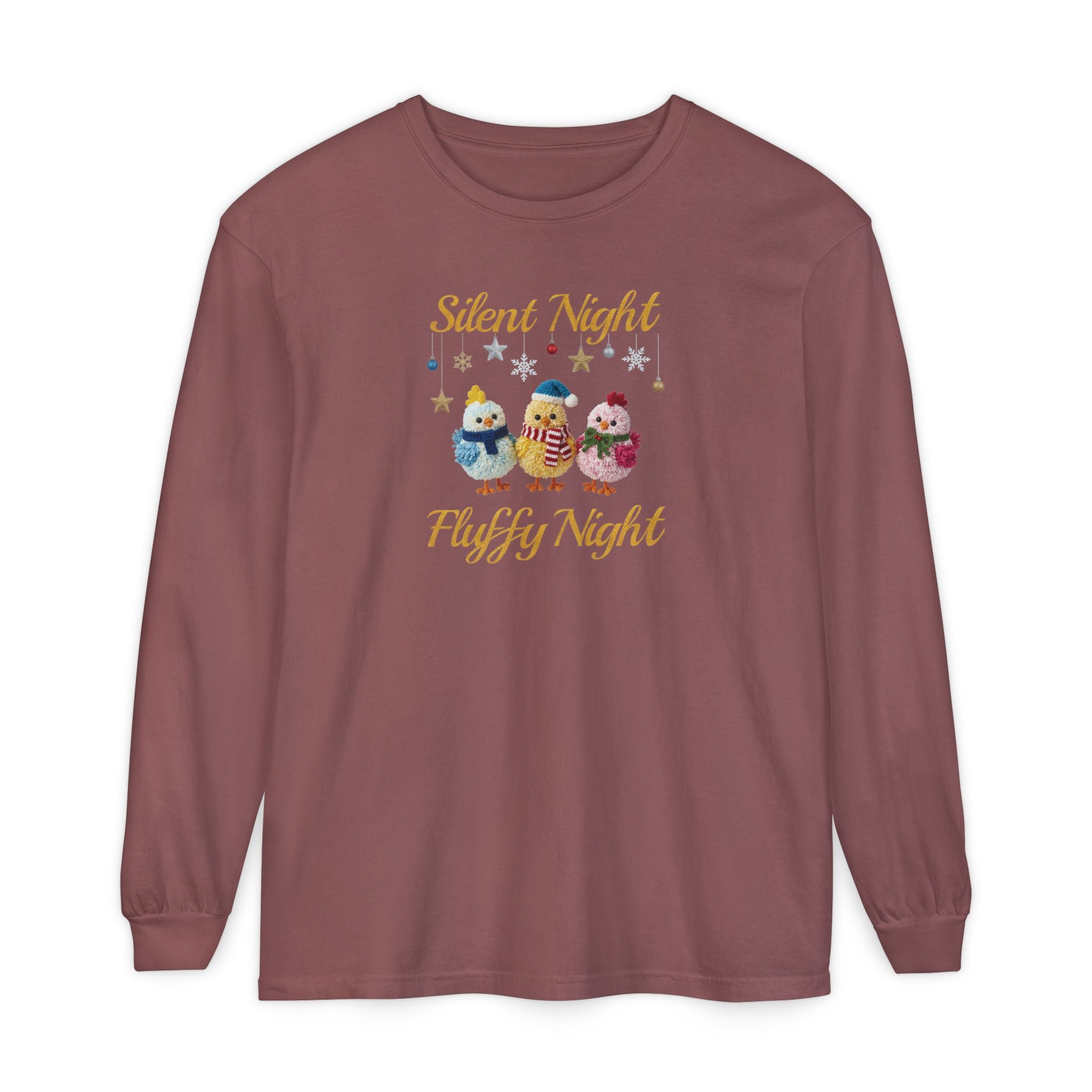 Silent Night Fluffy Night Long Sleeve T-Shirt | Cute Chick Christmas Comfort Colors Tee | Funny Holiday Shirt | Cozy Winter Top