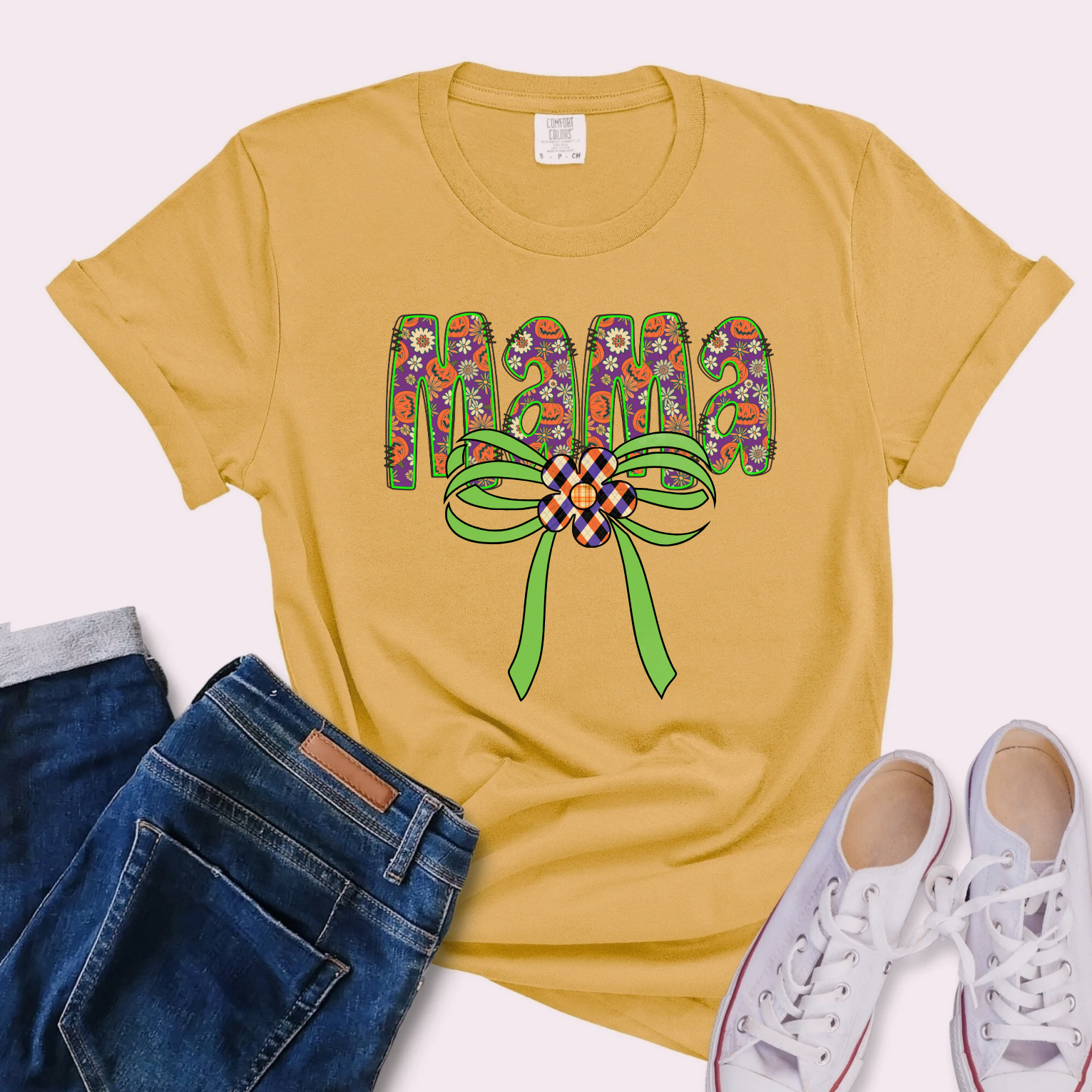 Fall Mama Pumpkins Comfort Colors T-shirt, Pumpkins and Floral Patterned, Big green bow