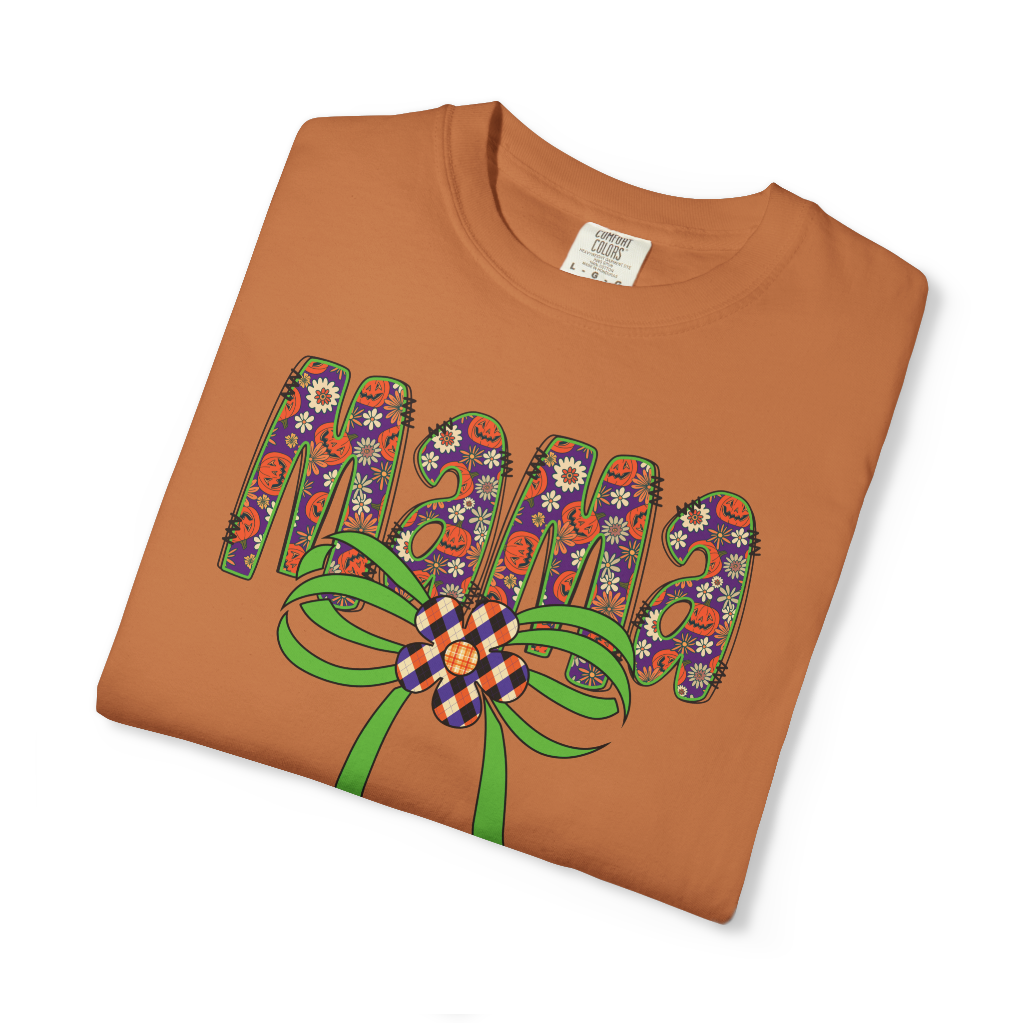 Fall Mama Pumpkins Comfort Colors T-shirt, Pumpkins and Floral Patterned, Big green bow