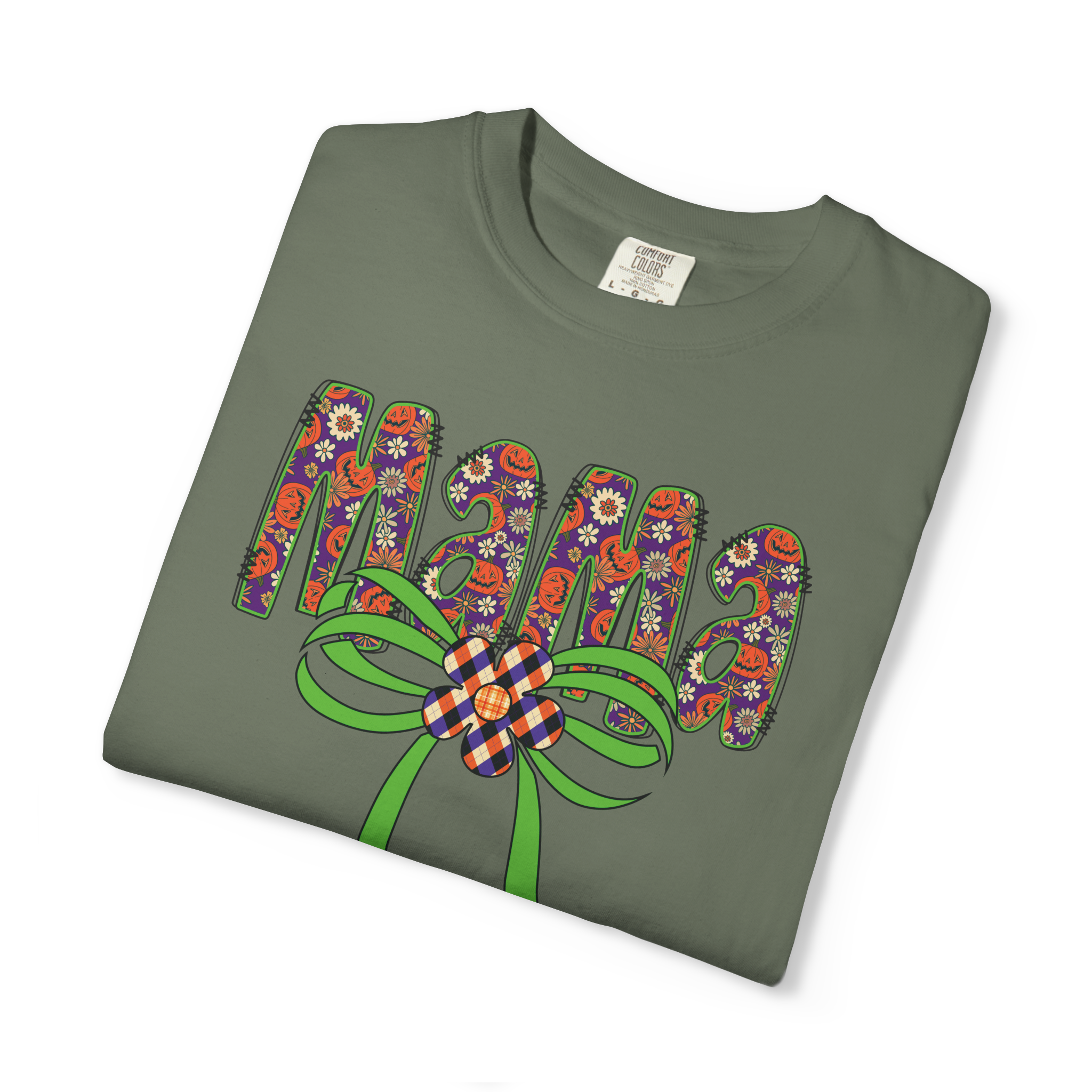 Fall Mama Pumpkins Comfort Colors T-shirt, Pumpkins and Floral Patterned, Big green bow