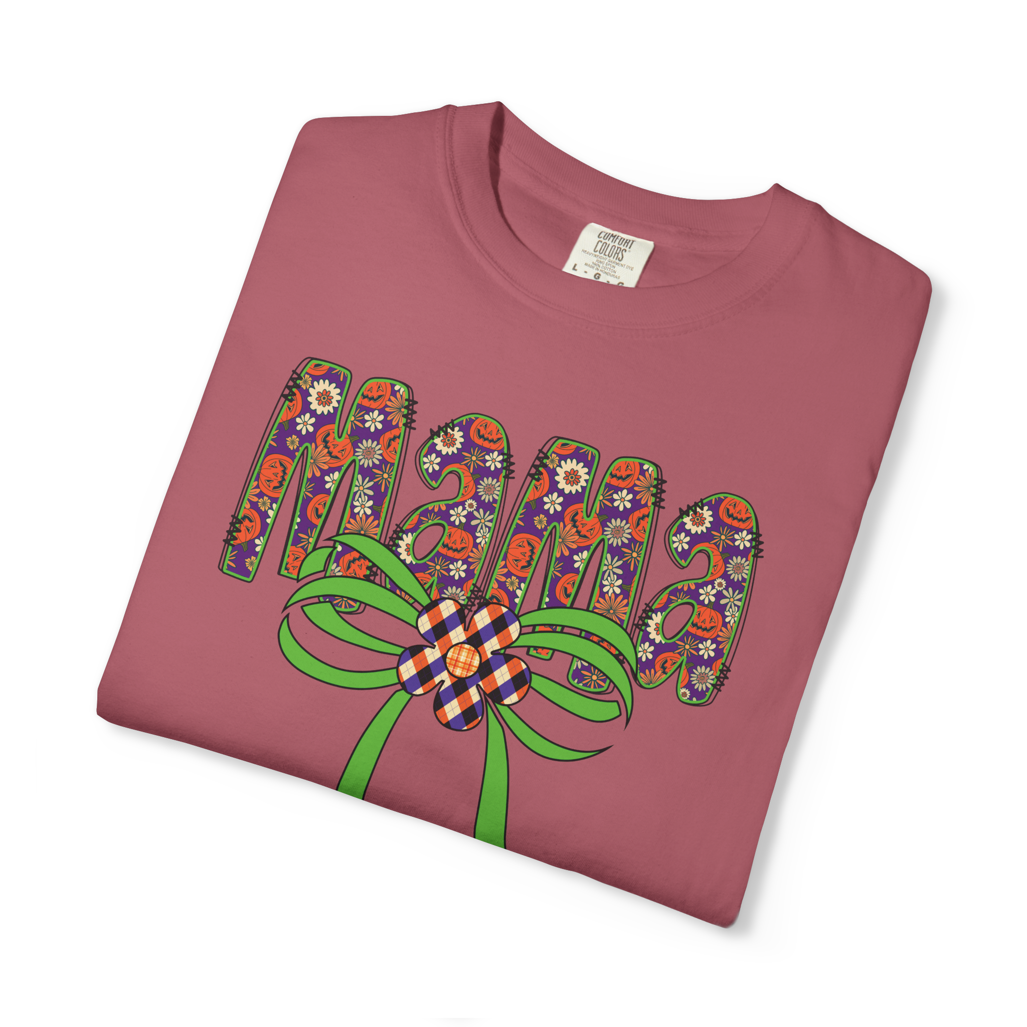 Fall Mama Pumpkins Comfort Colors T-shirt, Pumpkins and Floral Patterned, Big green bow