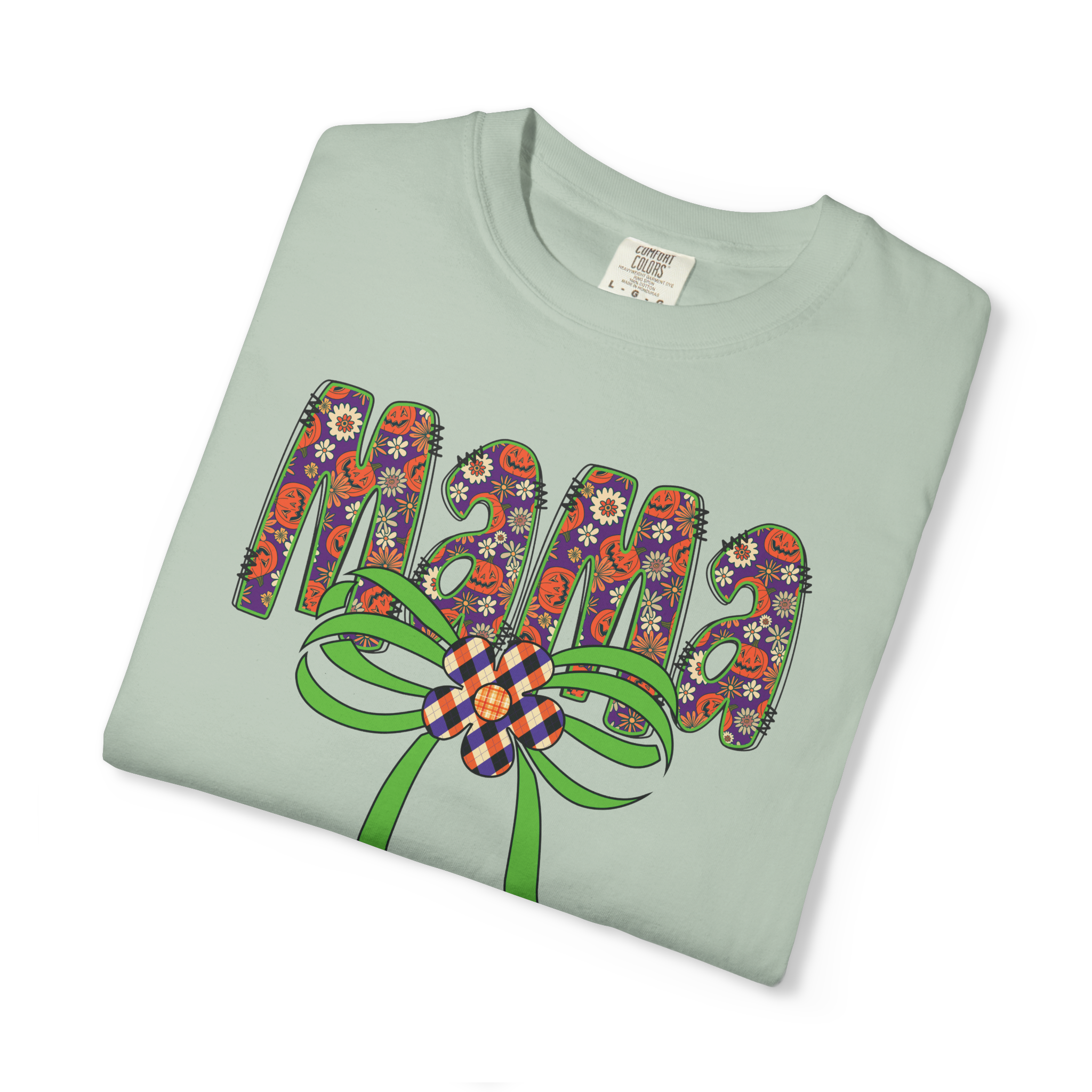 Fall Mama Pumpkins Comfort Colors T-shirt, Pumpkins and Floral Patterned, Big green bow
