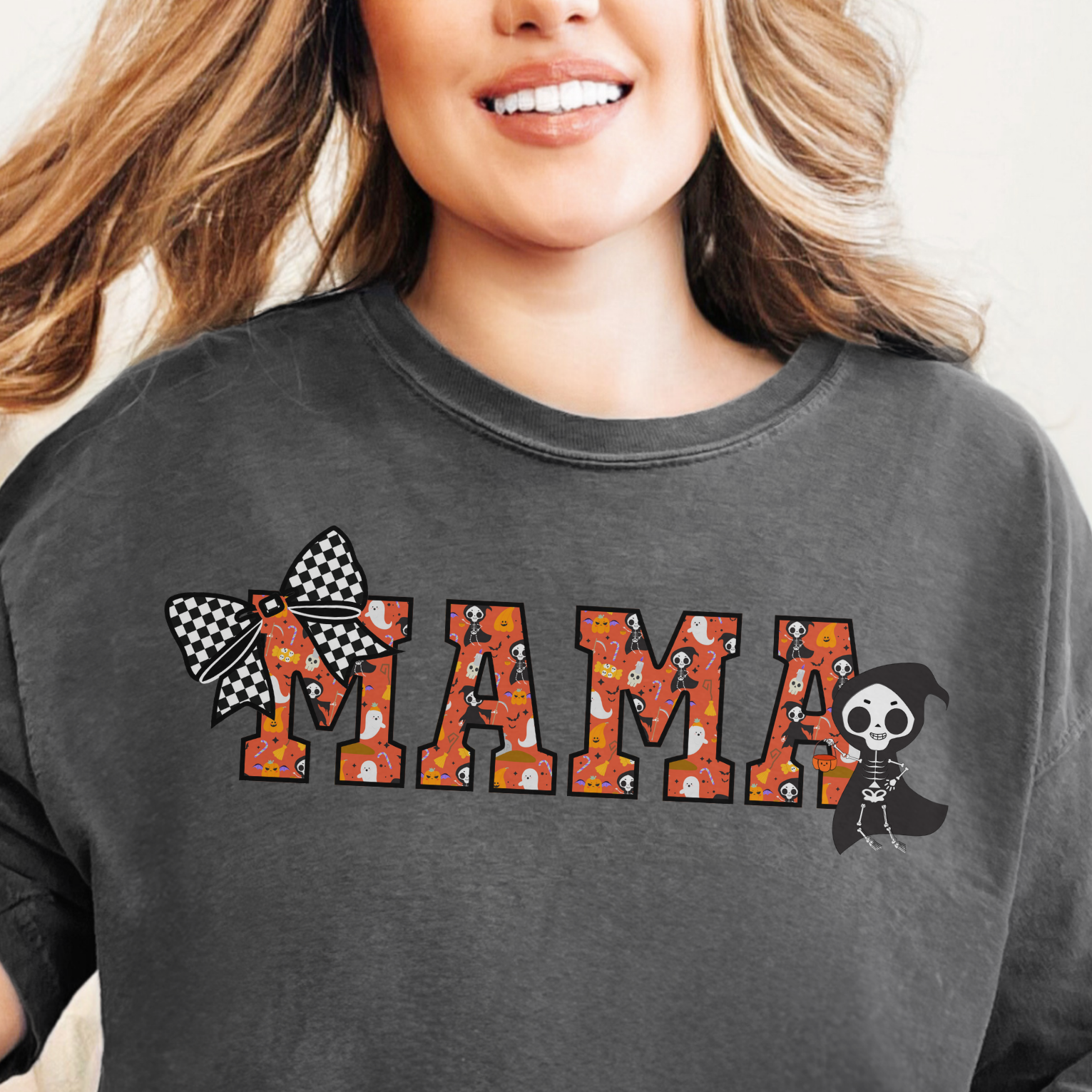 Mama Halloween Skeleton Comfort Colors T-shirt, Black Checkered Bow