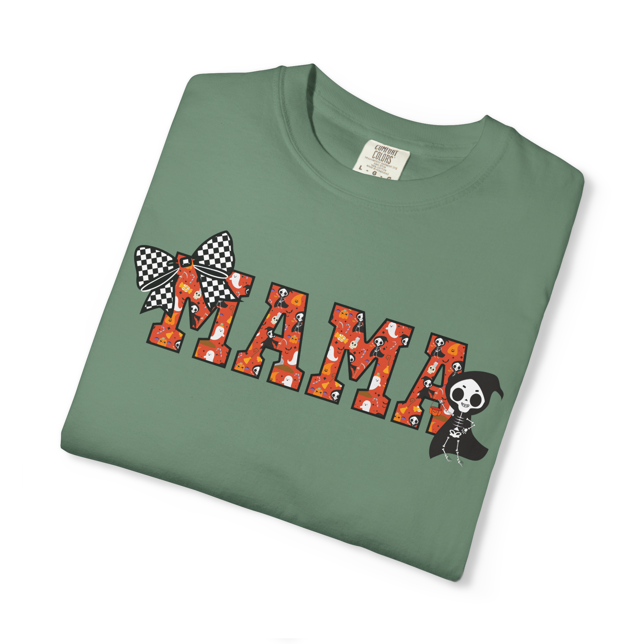 Mama Halloween Skeleton Comfort Colors T-shirt, Black Checkered Bow