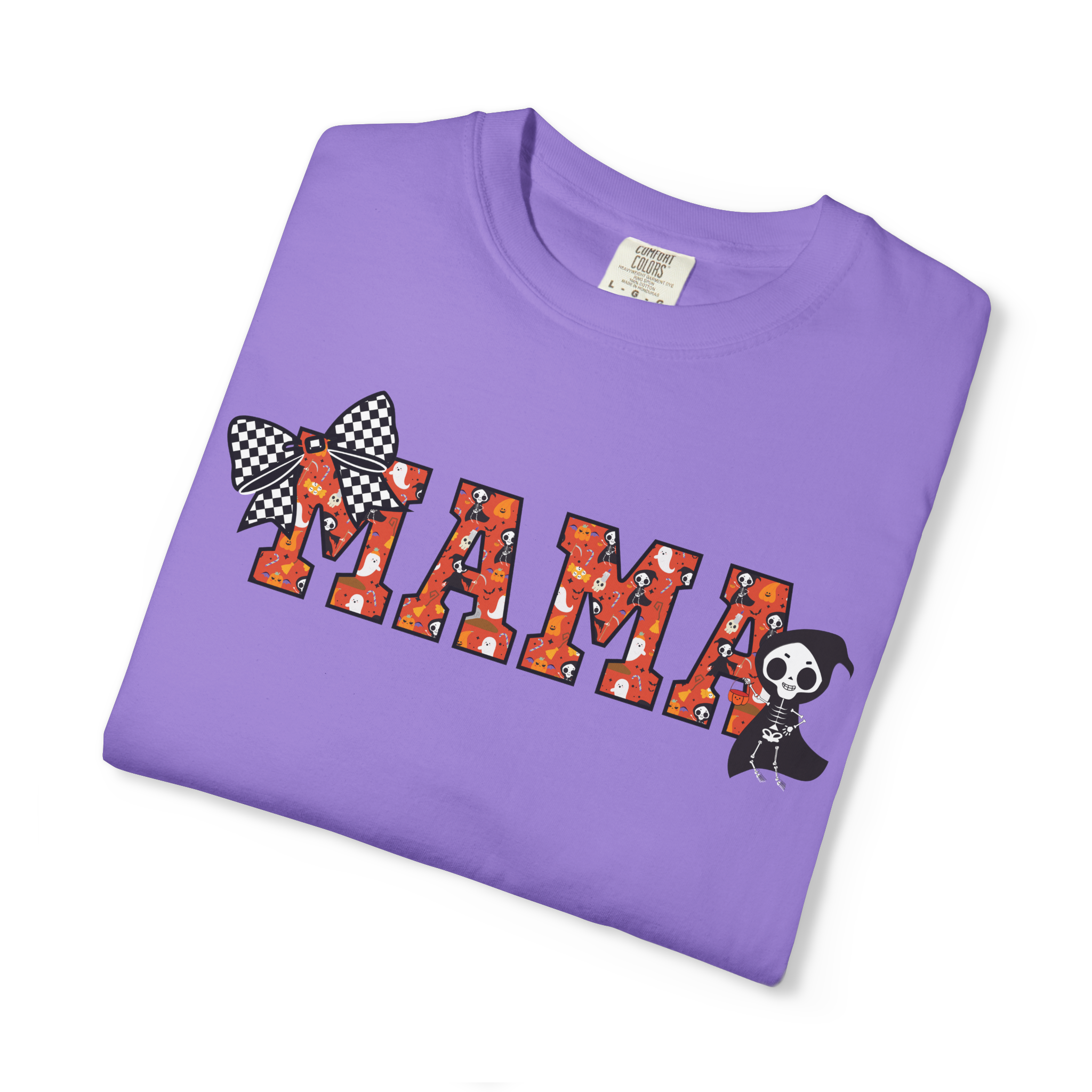 Mama Halloween Skeleton Comfort Colors T-shirt, Black Checkered Bow