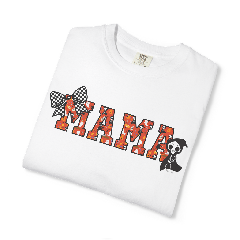 Mama Halloween Skeleton Comfort Colors T-shirt, Black Checkered Bow