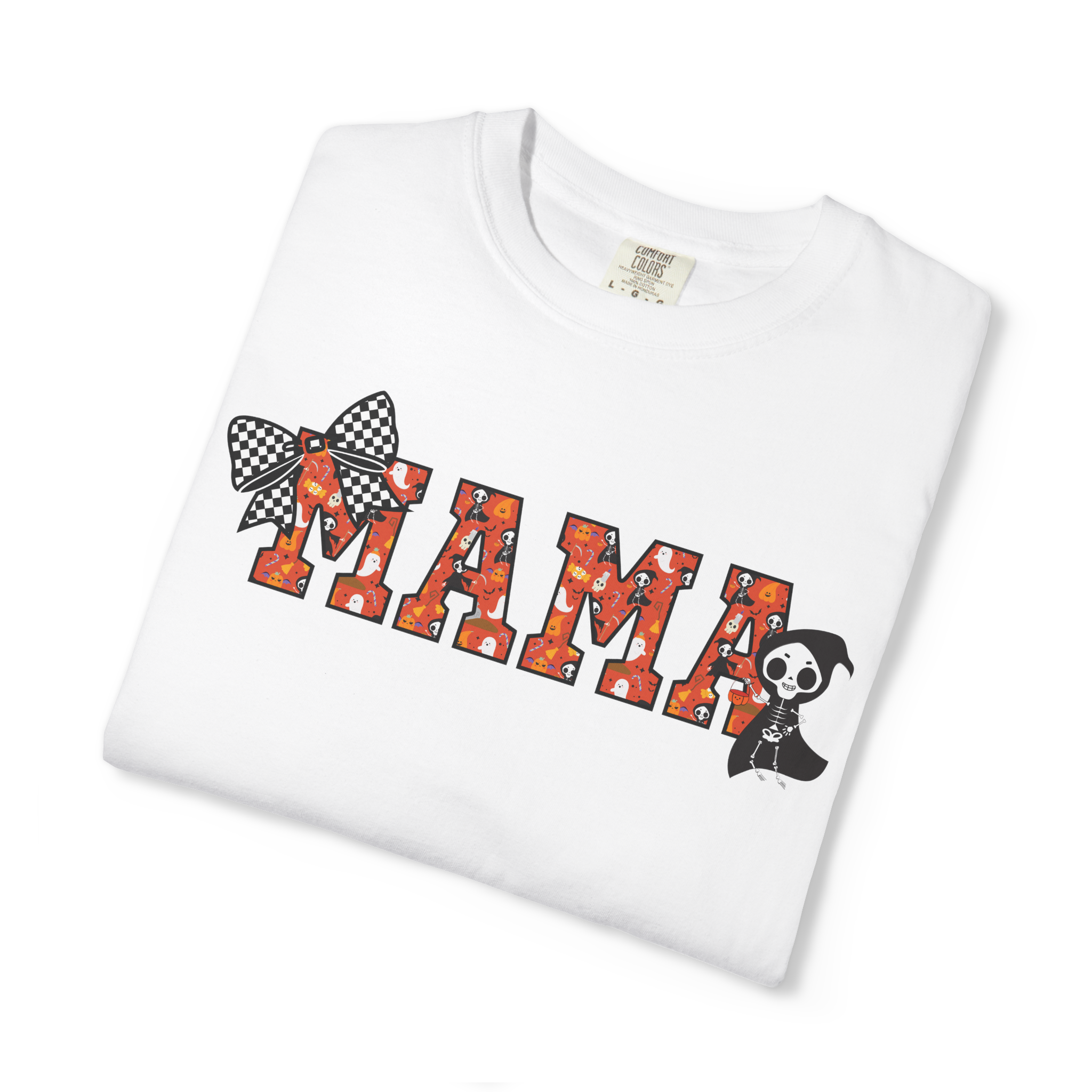 Mama Halloween Skeleton Comfort Colors T-shirt, Black Checkered Bow