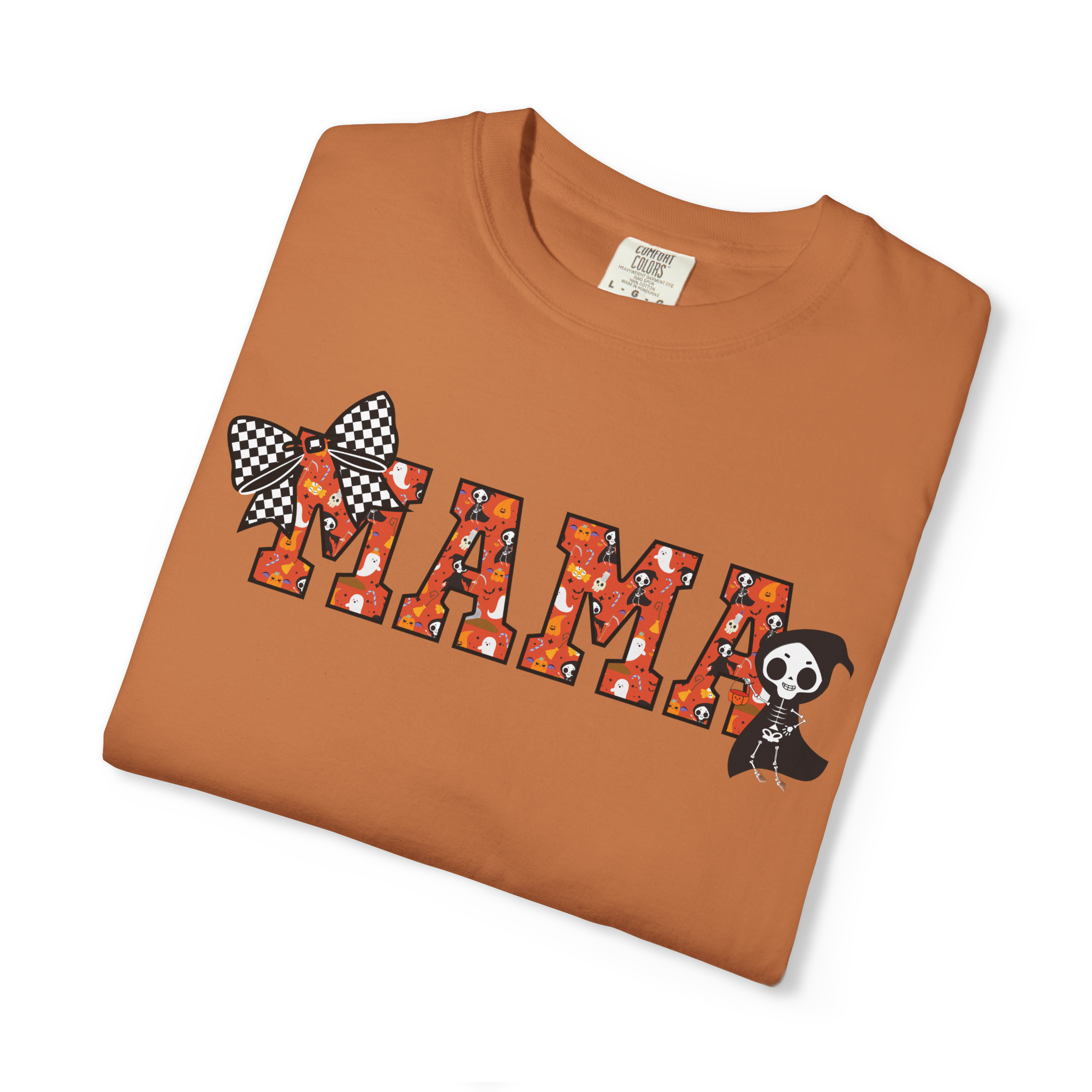 Mama Halloween Skeleton Comfort Colors T-shirt, Black Checkered Bow