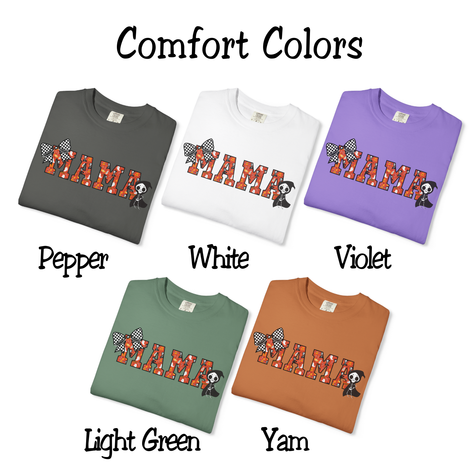 Mama Halloween Skeleton Comfort Colors T-shirt, Black Checkered Bow