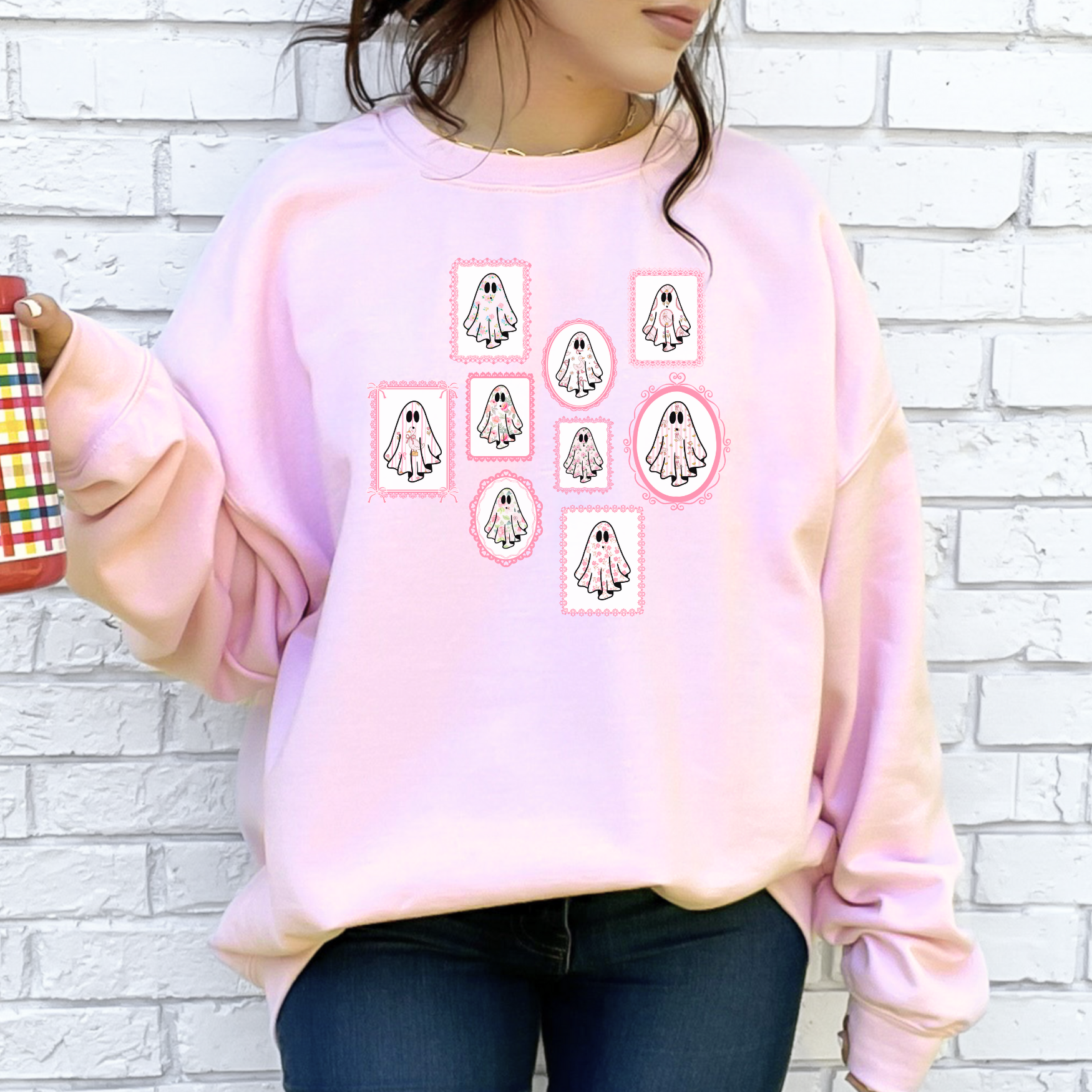 Halloween Pink Lace Framed Floral Ghosts Gildan Sweatshirt, Fall Silly Goose Crewneck