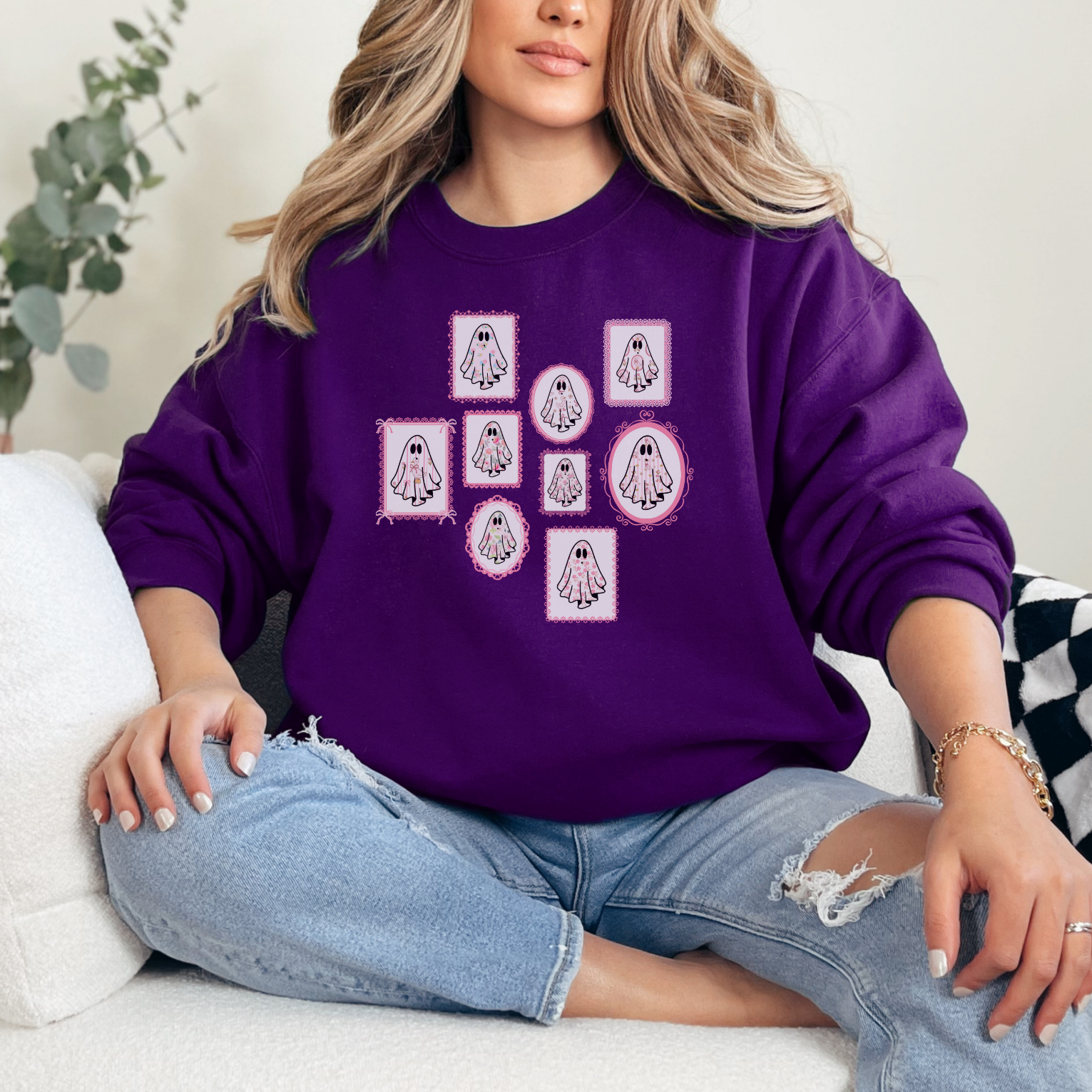 Halloween Pink Lace Framed Floral Ghosts Gildan Sweatshirt, Fall Silly Goose Crewneck