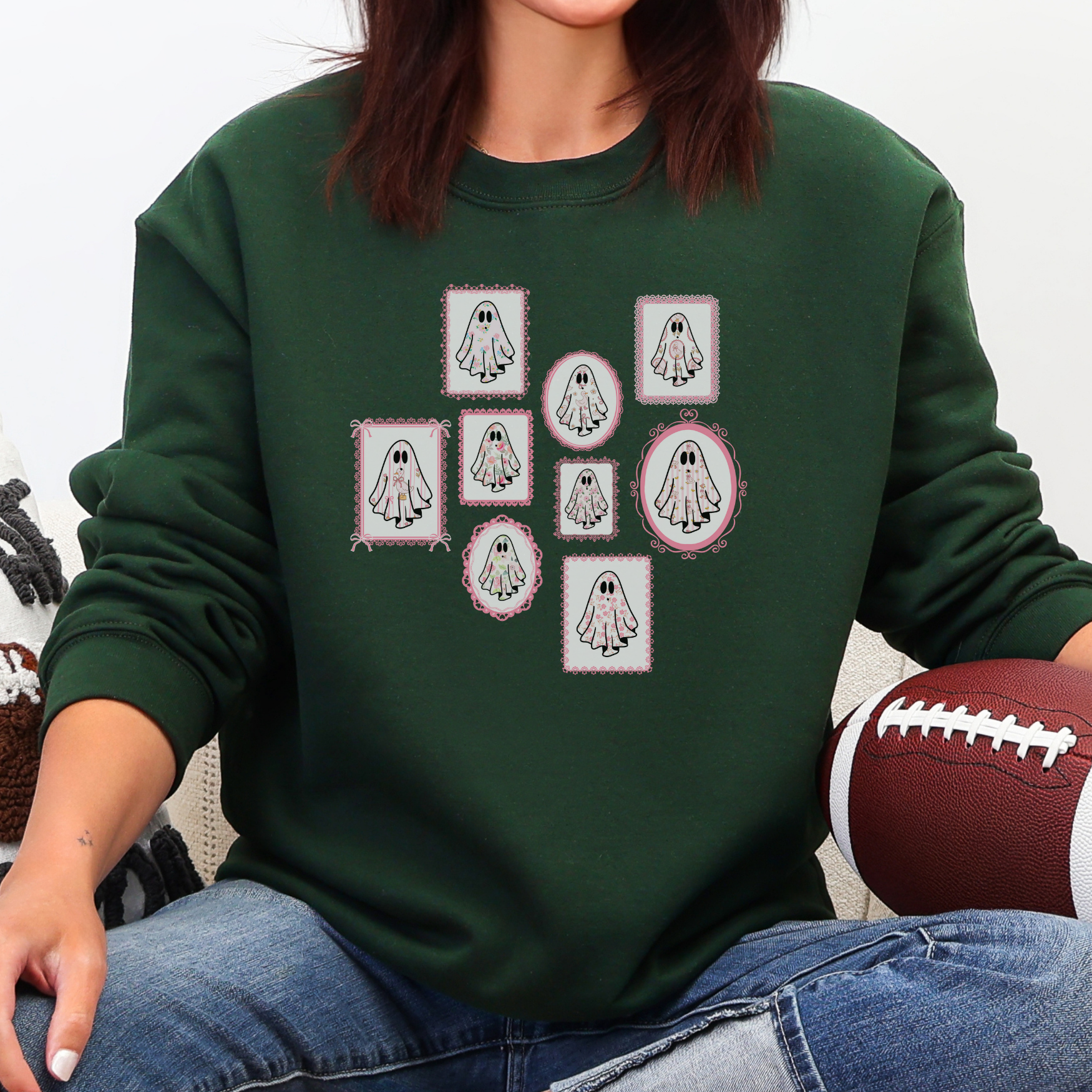 Halloween Pink Lace Framed Floral Ghosts Gildan Sweatshirt, Fall Silly Goose Crewneck