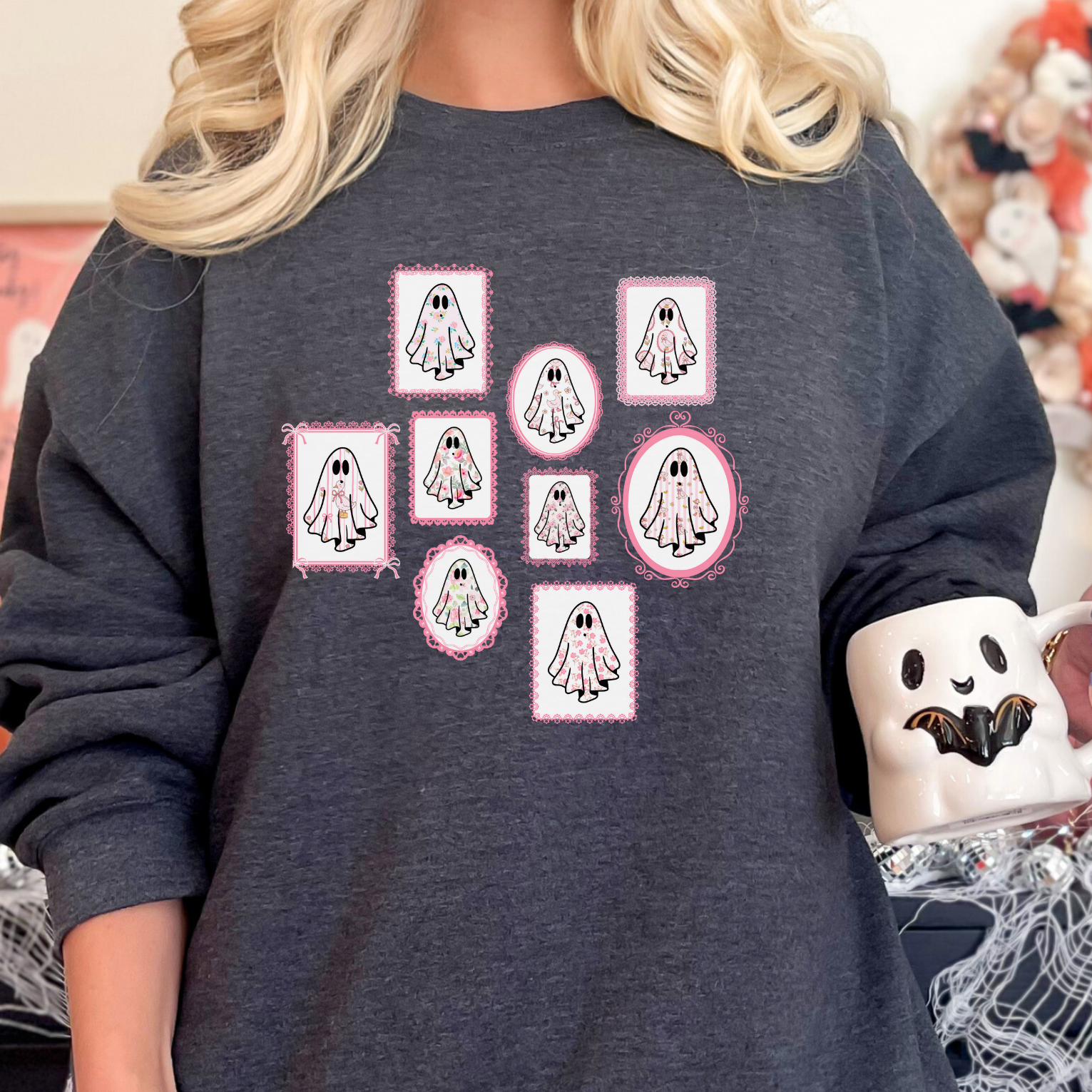 Halloween Pink Lace Framed Floral Ghosts Gildan Sweatshirt, Fall Silly Goose Crewneck