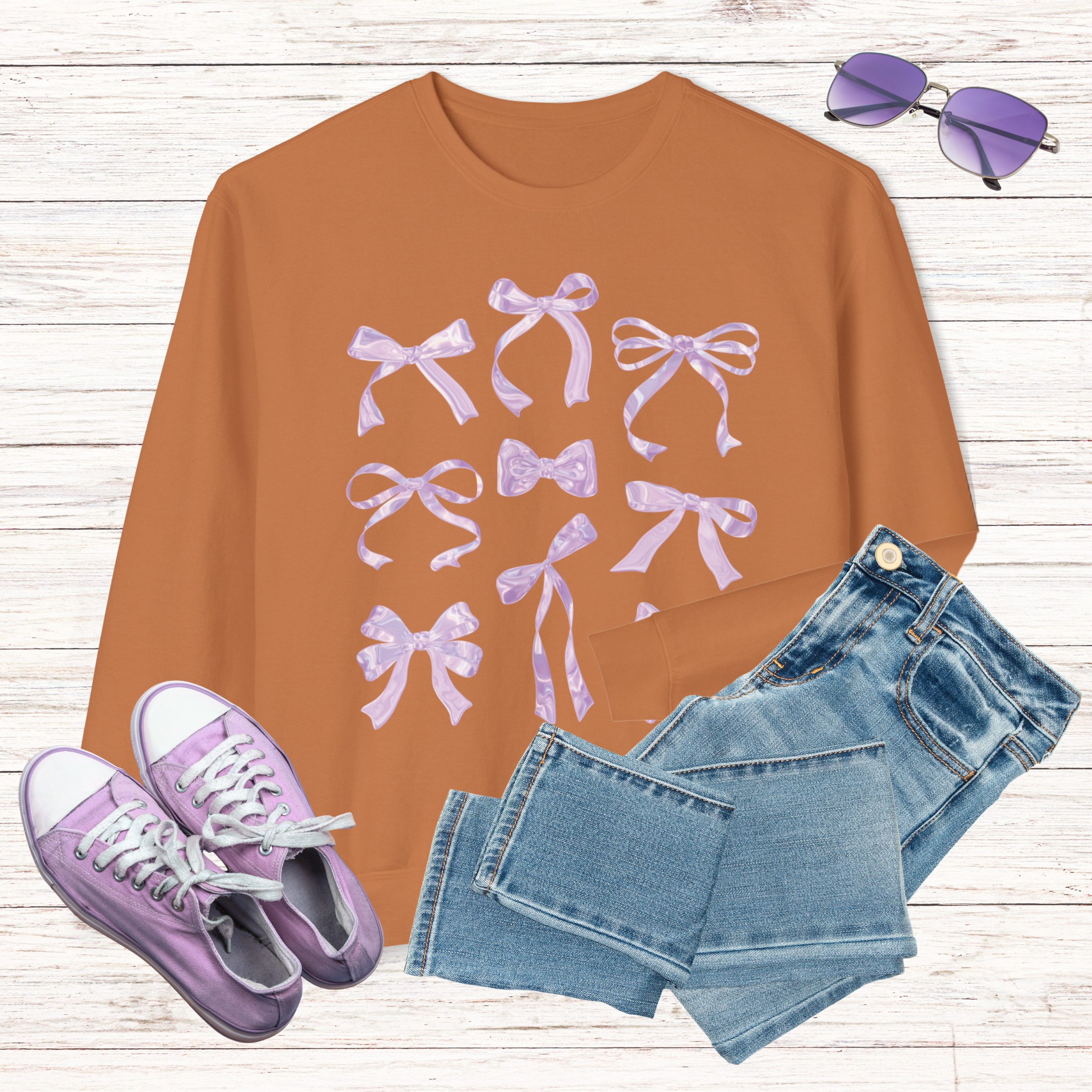 Coquette Purple Iridescent Bow Lightweight Comfort Colors Sweatshirt, Halloween Crewneck