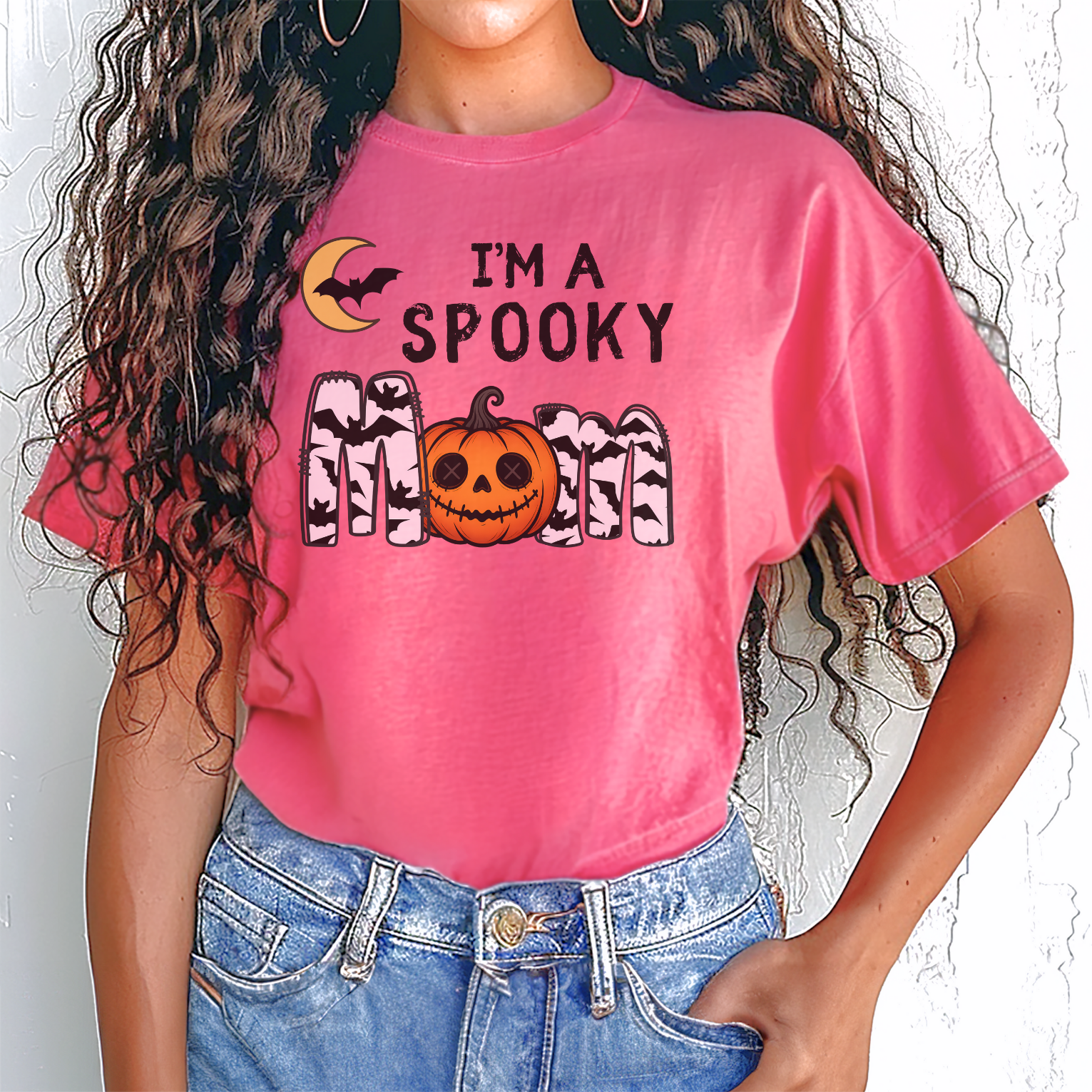 Spooky MOM Comfort Colors T-Shirt: Halloween Bat & Pumpkin Tee