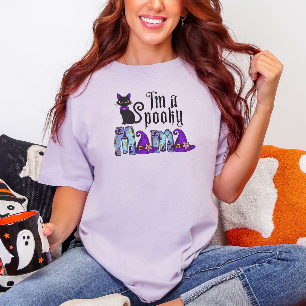 Spooky MAMA Halloween Comfort Colors T-Shirt - Black Cat and Witches Hats