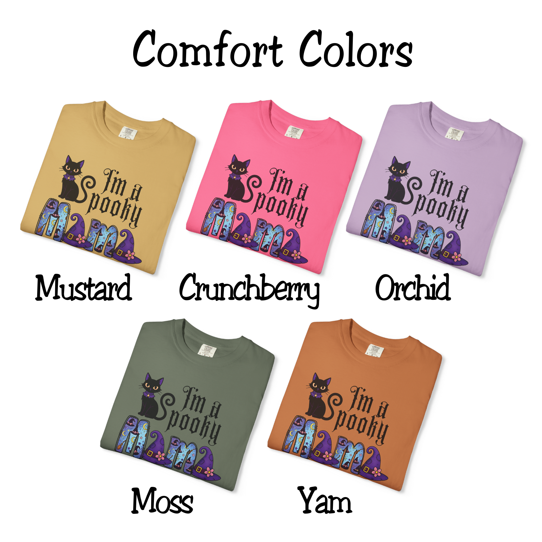 Spooky MAMA Halloween Comfort Colors T-Shirt - Black Cat and Witches Hats