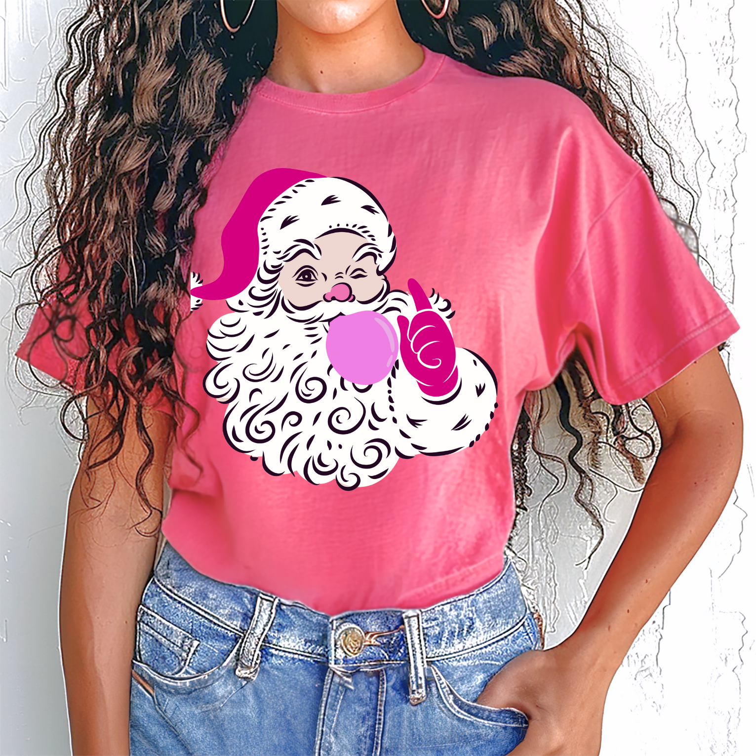 Pink Winking Santa Blowing Bubble Comfort Color T-Shirt. Merry Christmas Tee, Woman's Holiday Shirt