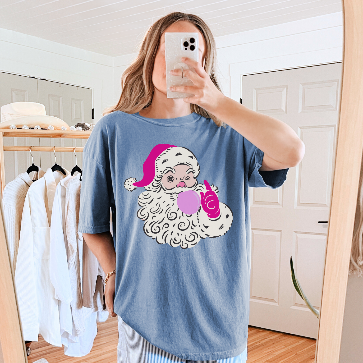 Pink Winking Santa Blowing Bubble Comfort Color T-Shirt. Merry Christmas Tee, Woman's Holiday Shirt