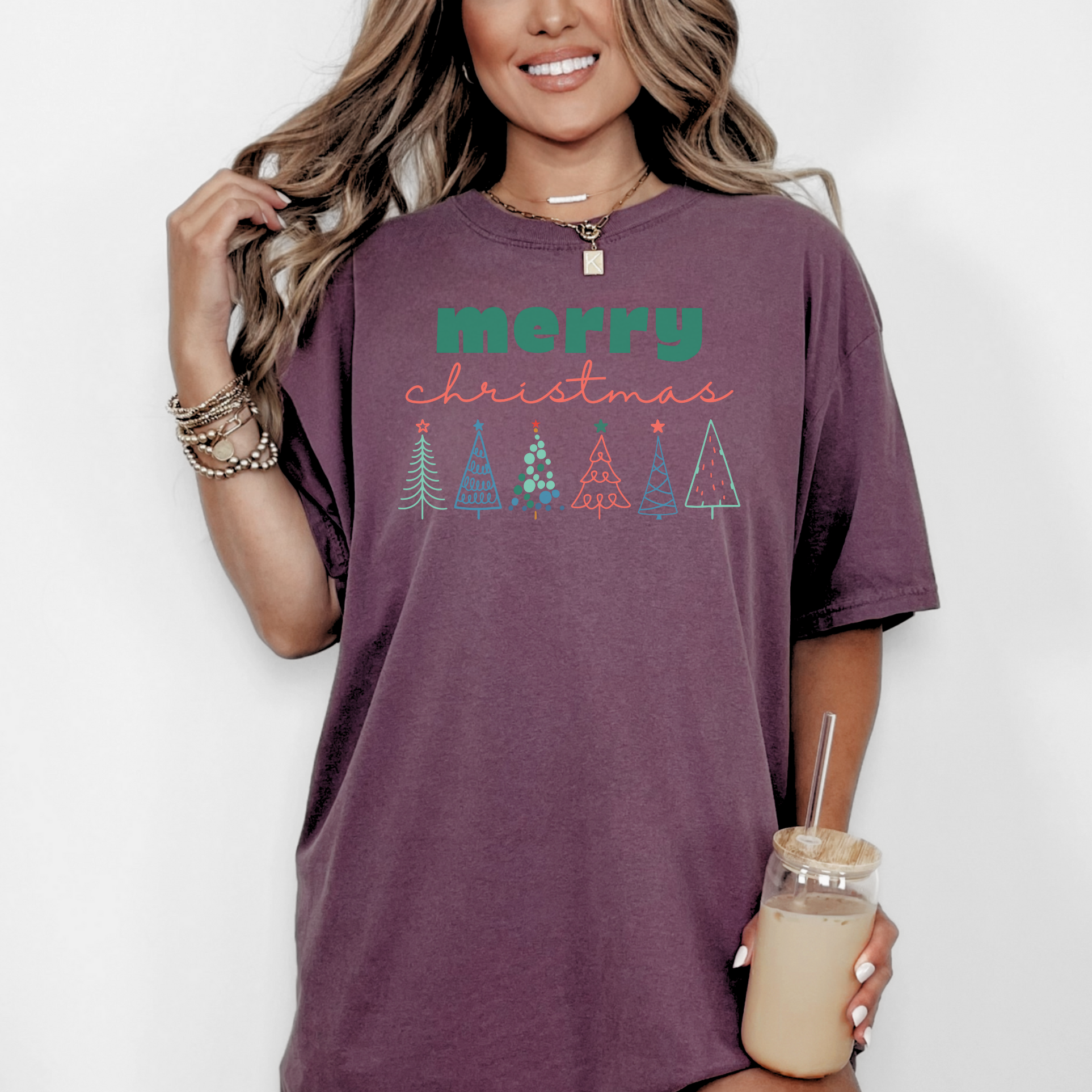 Merry Christmas Line-drawn Christmas Trees T-shirt, Comfort Colors Holiday Tee