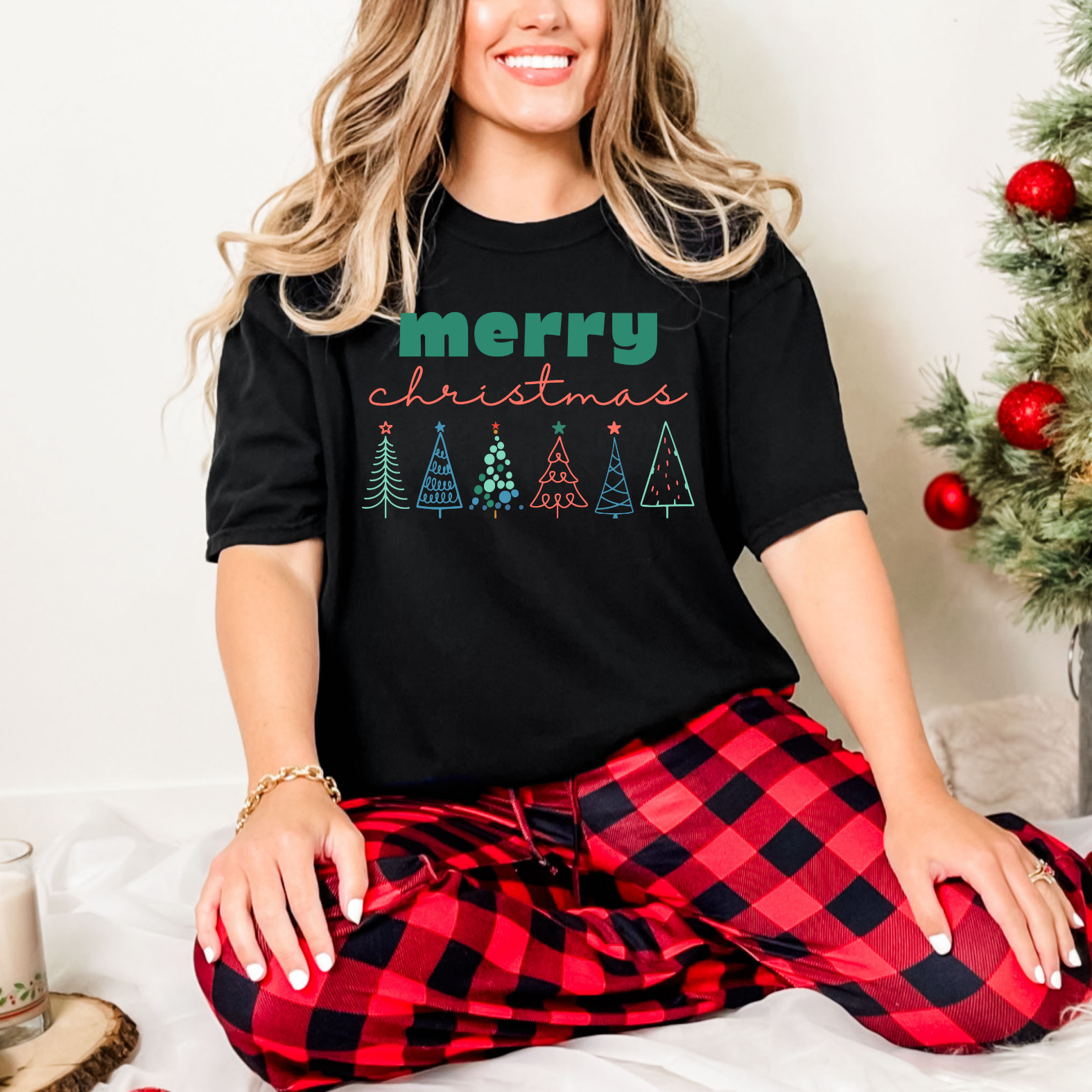 Merry Christmas Line-drawn Christmas Trees T-shirt, Comfort Colors Holiday Tee