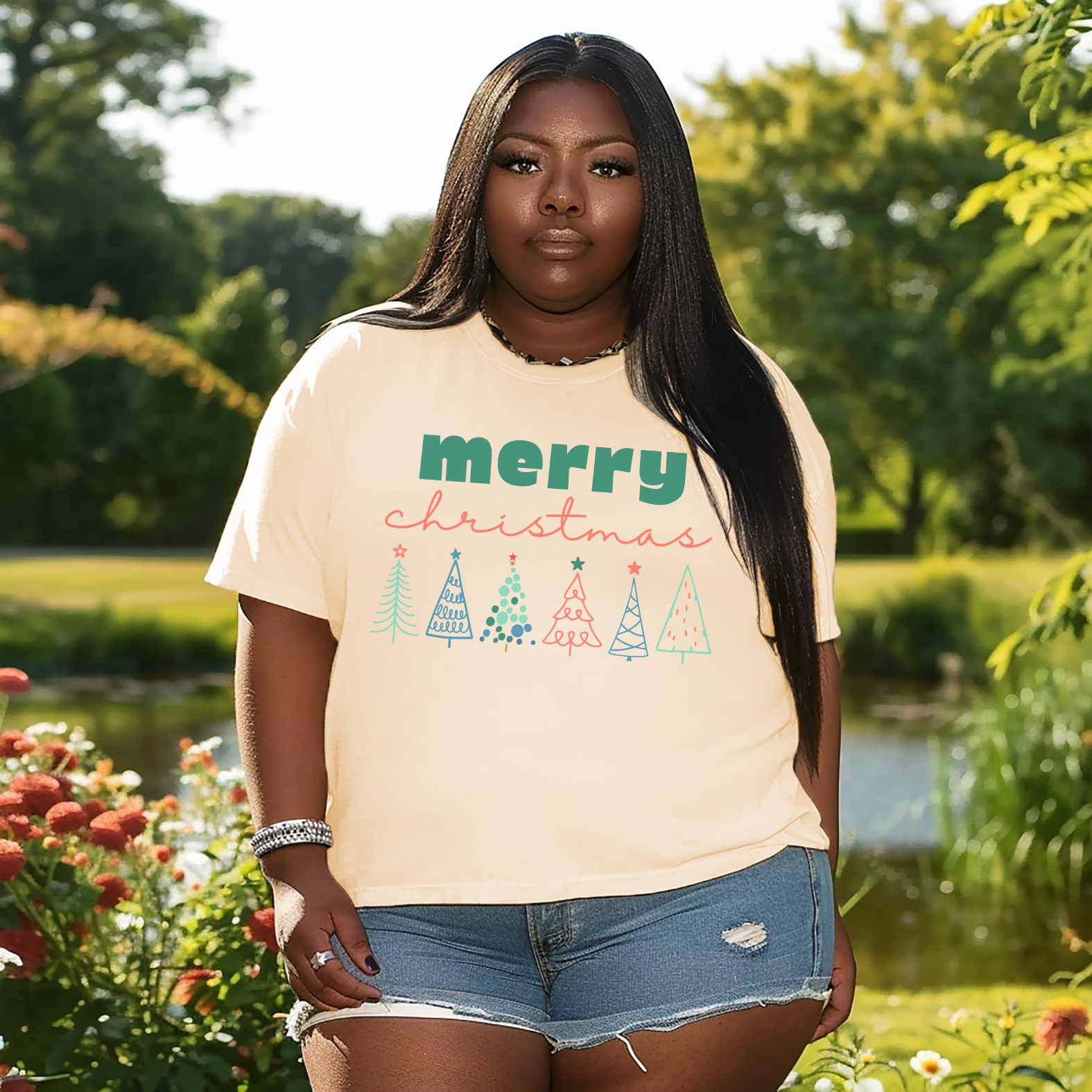 Merry Christmas Line-drawn Christmas Trees T-shirt, Comfort Colors Holiday Tee