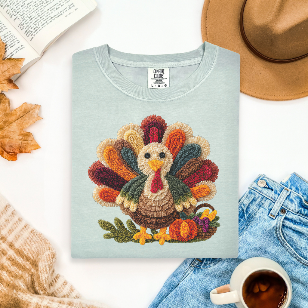 Faux Embroidery Turkey Comfort Colors T-Shirt, Cute Women's Thanksgiving Shirt