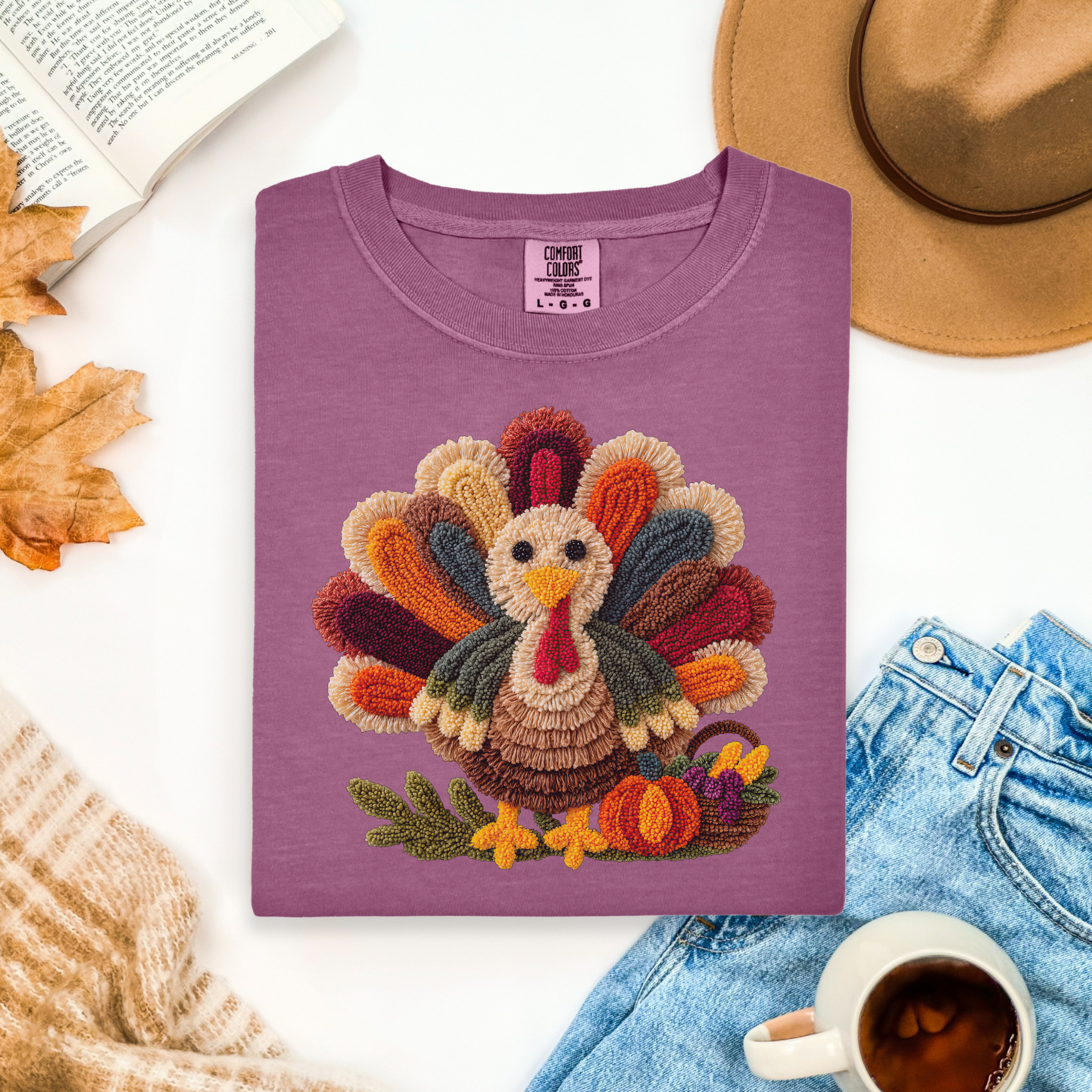 Faux Embroidery Turkey Comfort Colors T-Shirt, Cute Women's Thanksgiving Shirt