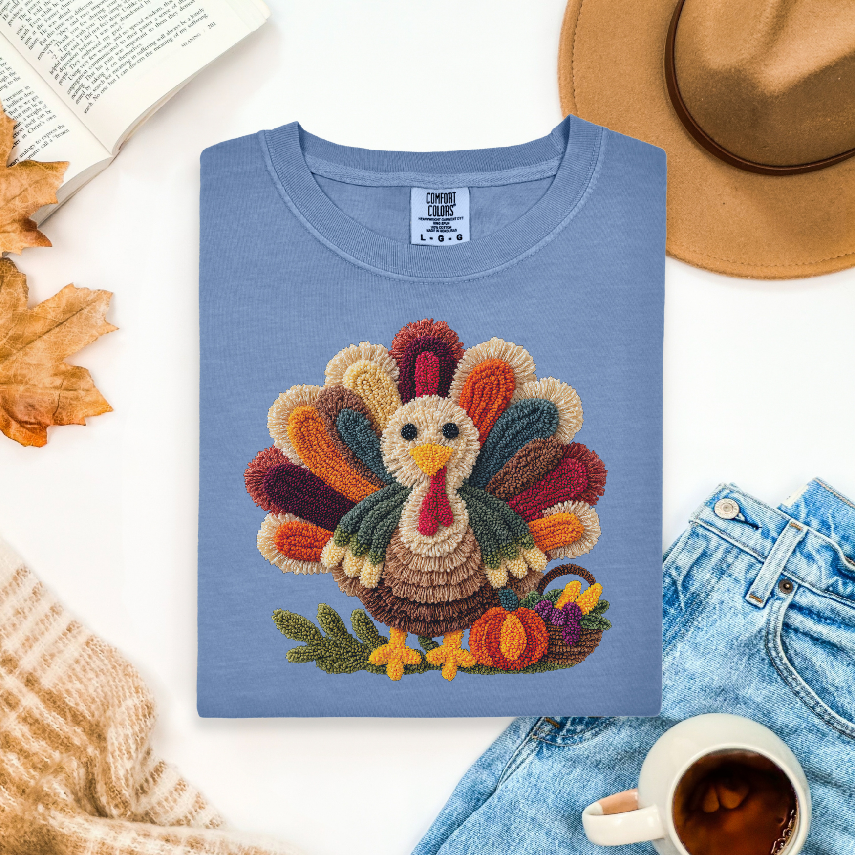 Faux Embroidery Turkey Comfort Colors T-Shirt, Cute Women's Thanksgiving Shirt