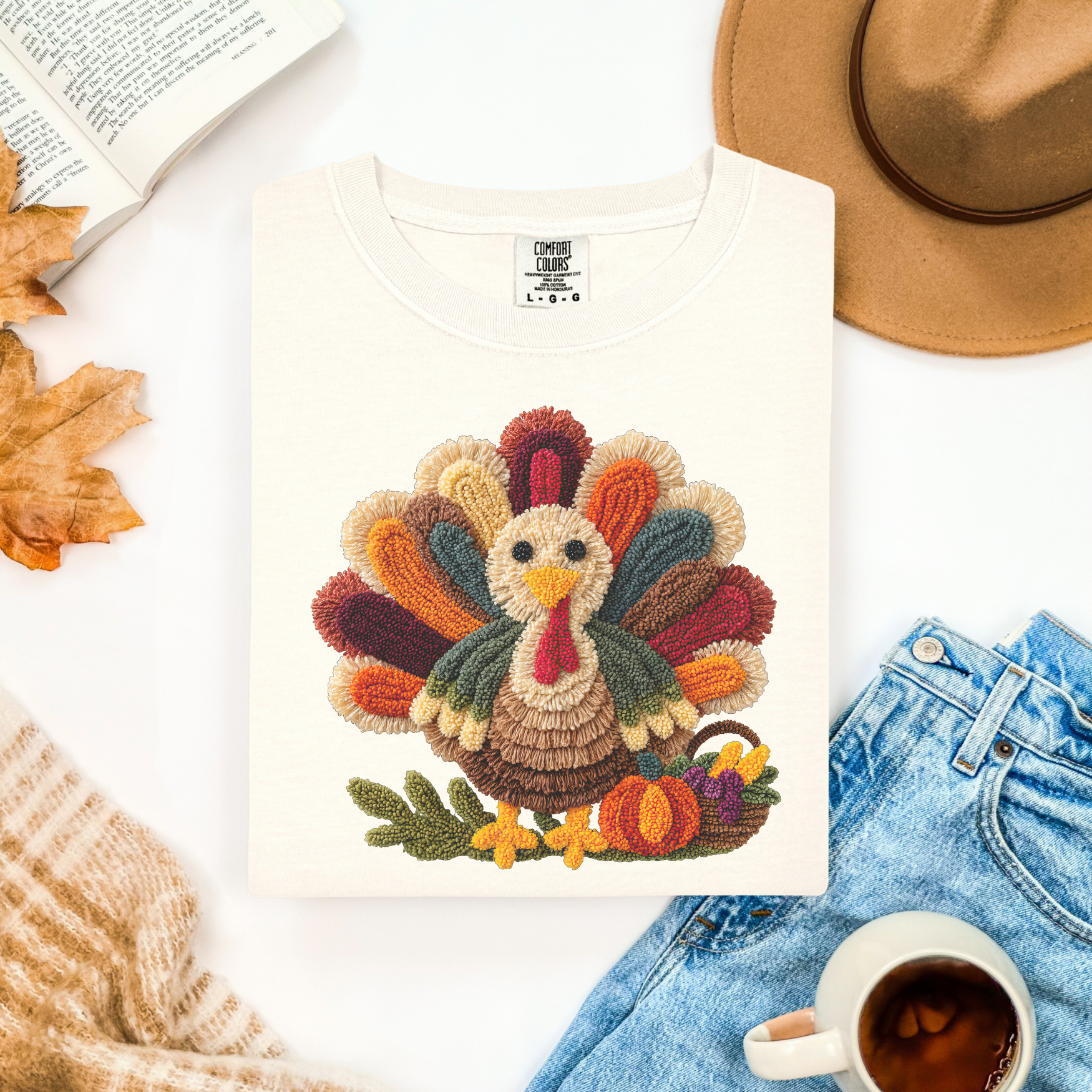 Faux Embroidery Turkey Comfort Colors T-Shirt, Cute Women's Thanksgiving Shirt