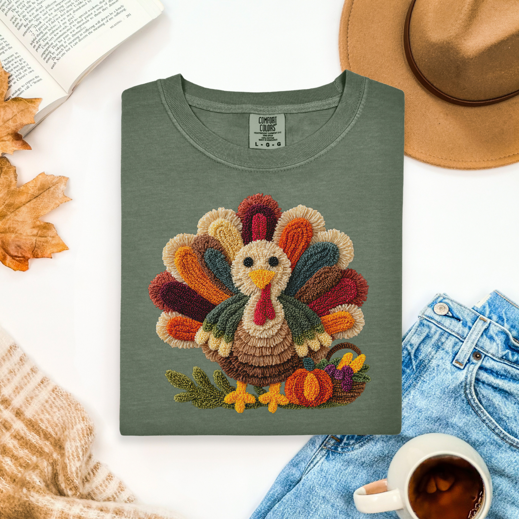 Faux Embroidery Turkey Comfort Colors T-Shirt, Cute Women's Thanksgiving Shirt