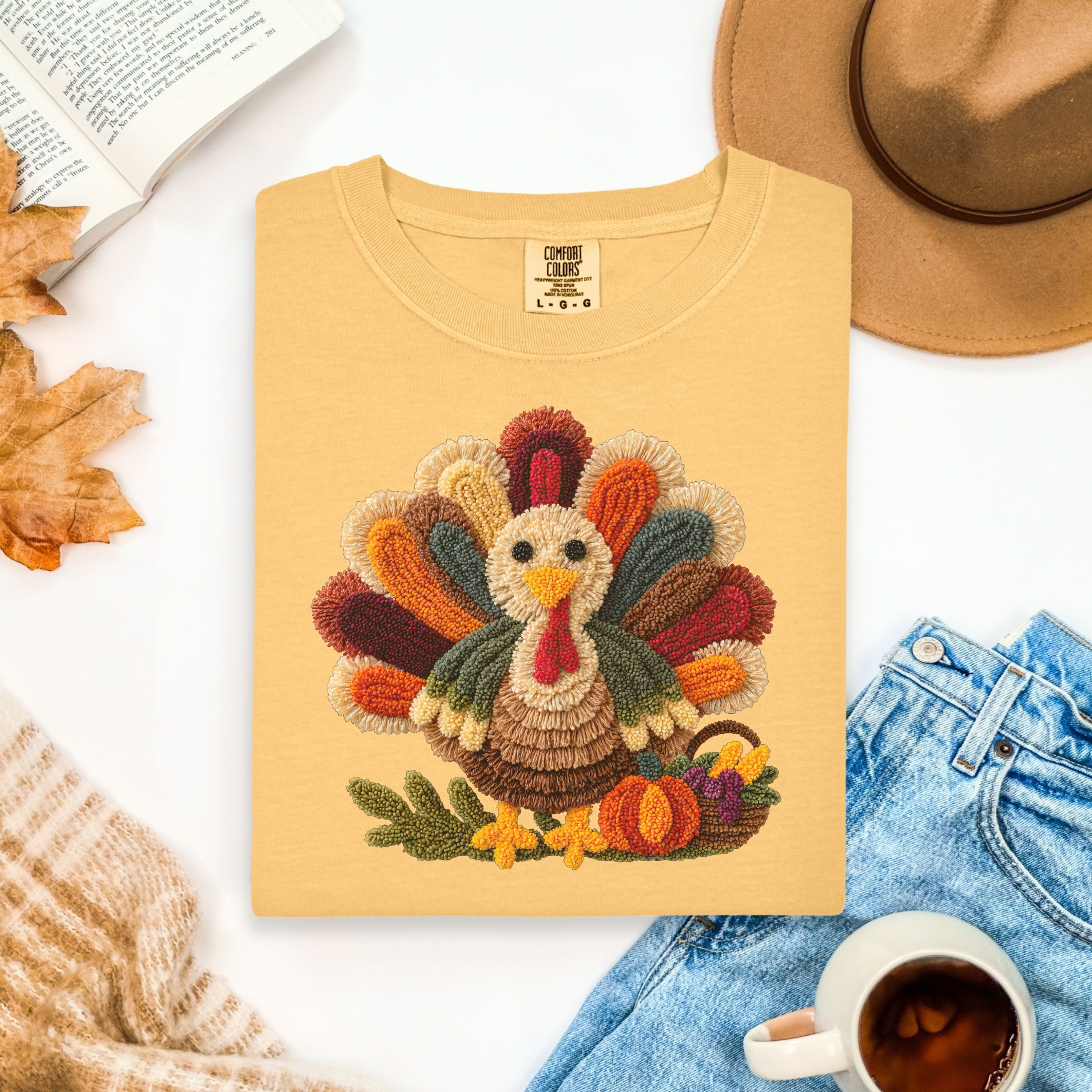 Faux Embroidery Turkey Comfort Colors T-Shirt, Cute Women's Thanksgiving Shirt
