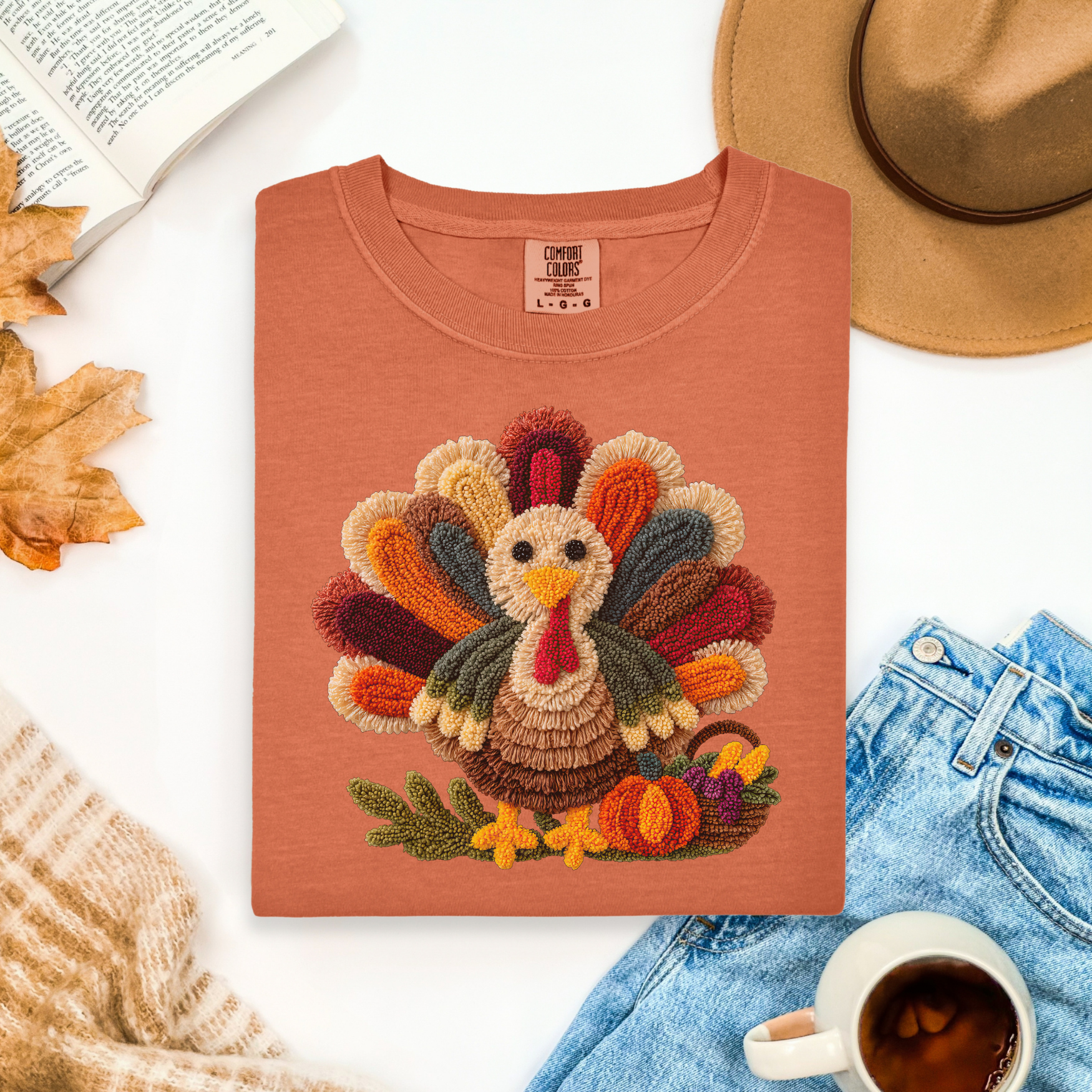 Faux Embroidery Turkey Comfort Colors T-Shirt, Cute Women's Thanksgiving Shirt