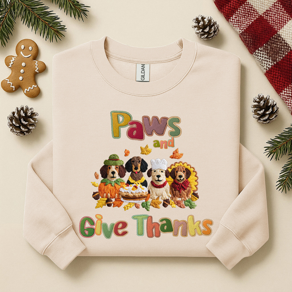 Paws and Give Thanks Dogs Faux Embroidery Gildan Sweatshirt, Thanksgiving Pets Crewneck, Animal Lover Shirt, Fall Gift for Dog Owners
